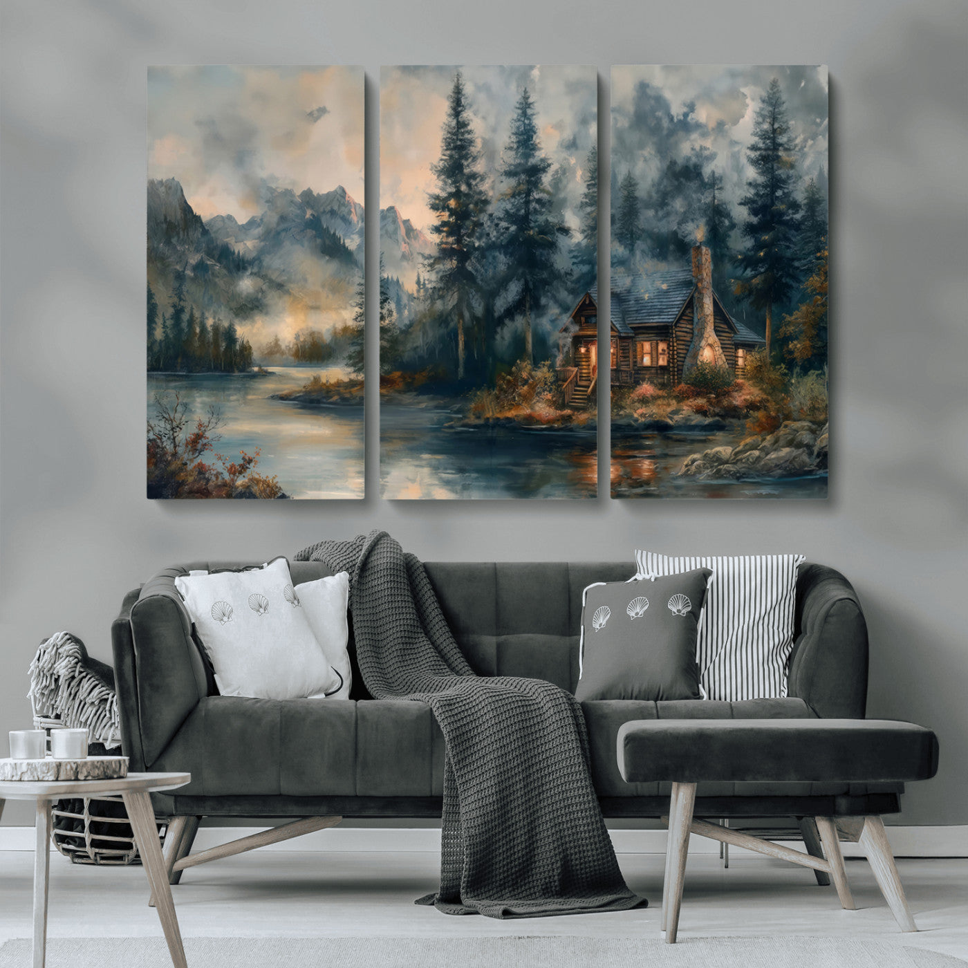 MGV-CV-48X32-3P - Rustic Cabin Woods Wall Art Print | Lake in a Forest Canvas Print | Cabin, Lodge, and Farmhouse