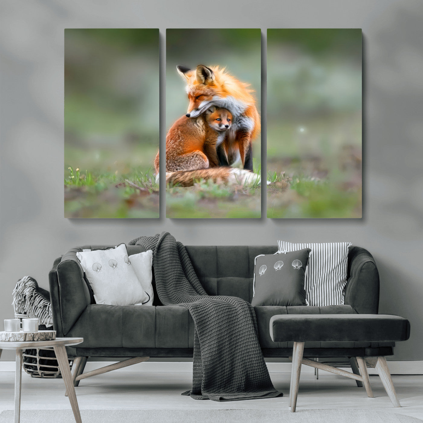 MGV-CV-48X32-3P - Heartwarming Fox and Baby Cub Wall Art | Ready to Hang Canvas Print of Foxes in Nature | Perfect for