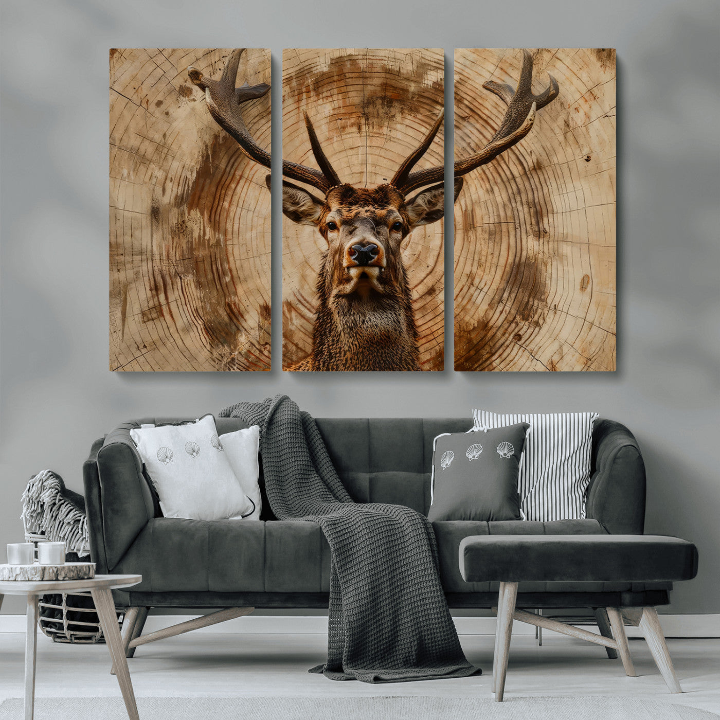 MGV-CV-48X32-3P - Wood Abstract Deer Wall Art | Rustic Wildlife Canvas Print | Ready to Hang Stag Head Triptych for