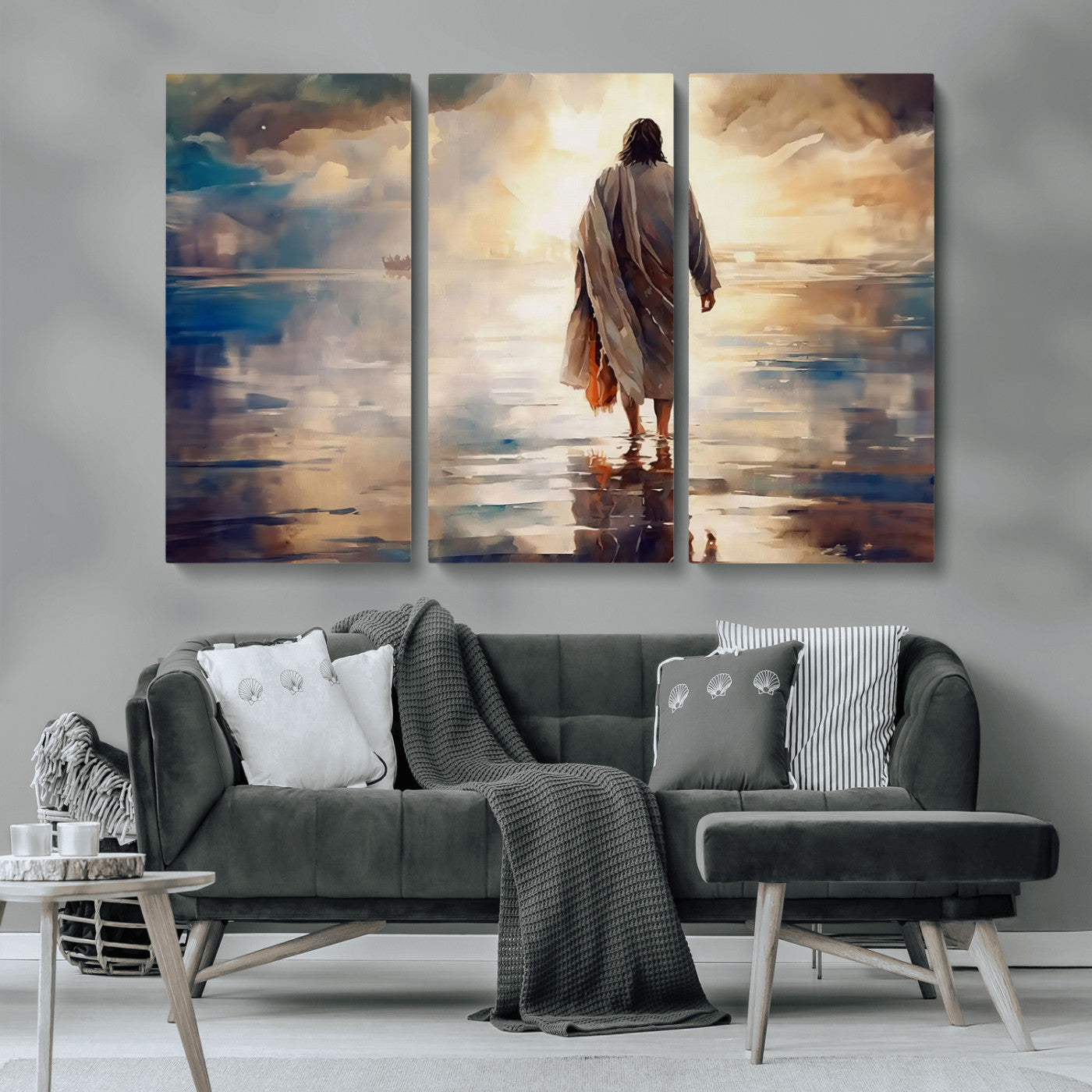 MGV-CV-48X32-3P - Jesus Walking on Water Wall Art | Ready to Hang Spiritual Triptych Canvas Print | Inspirational