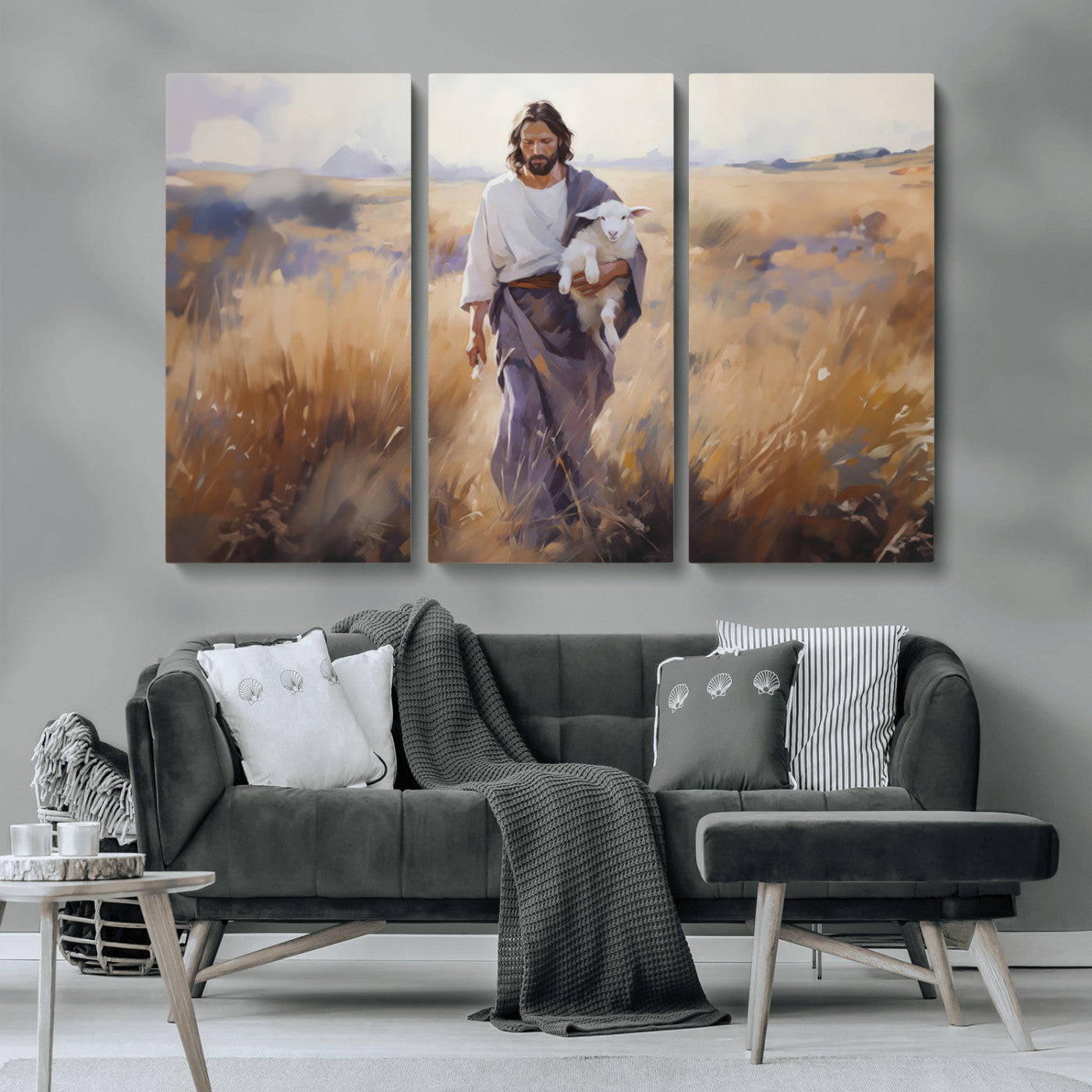 MGV-CV-48X32-3P - Jesus the Good Shepherd Wall Art Canvas Print - Lost Lamb Print for Prayer Room Decor