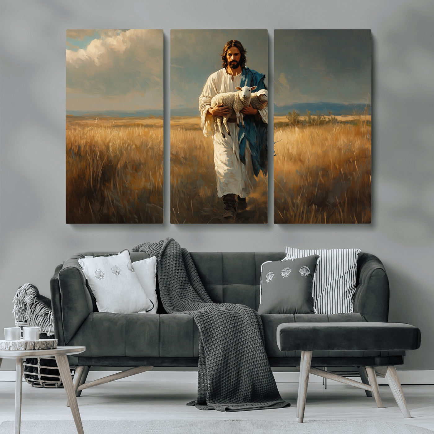 MGV-CV-48X32-3P - Jesus Shepherd Wall Art | Ready to Hang Triptych Canvas of Jesus Holding a Lamb in a Field |