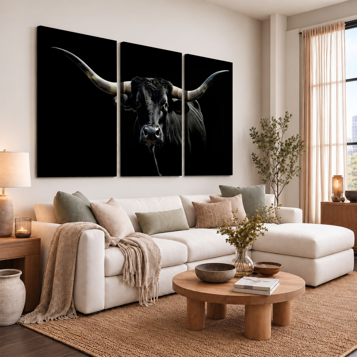 20679-MGV-CV-24X16 - Texas Black Longhorn Bull Wall Art Canvas Print, Western Cattle Rustic Decor