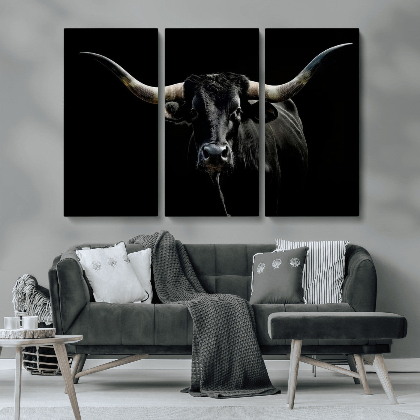 MGV-CV-48X32-3P - Texas Black Longhorn Bull Wall Art Canvas Print - Western Texas Cattle Rustic Decor Print - Longhorn