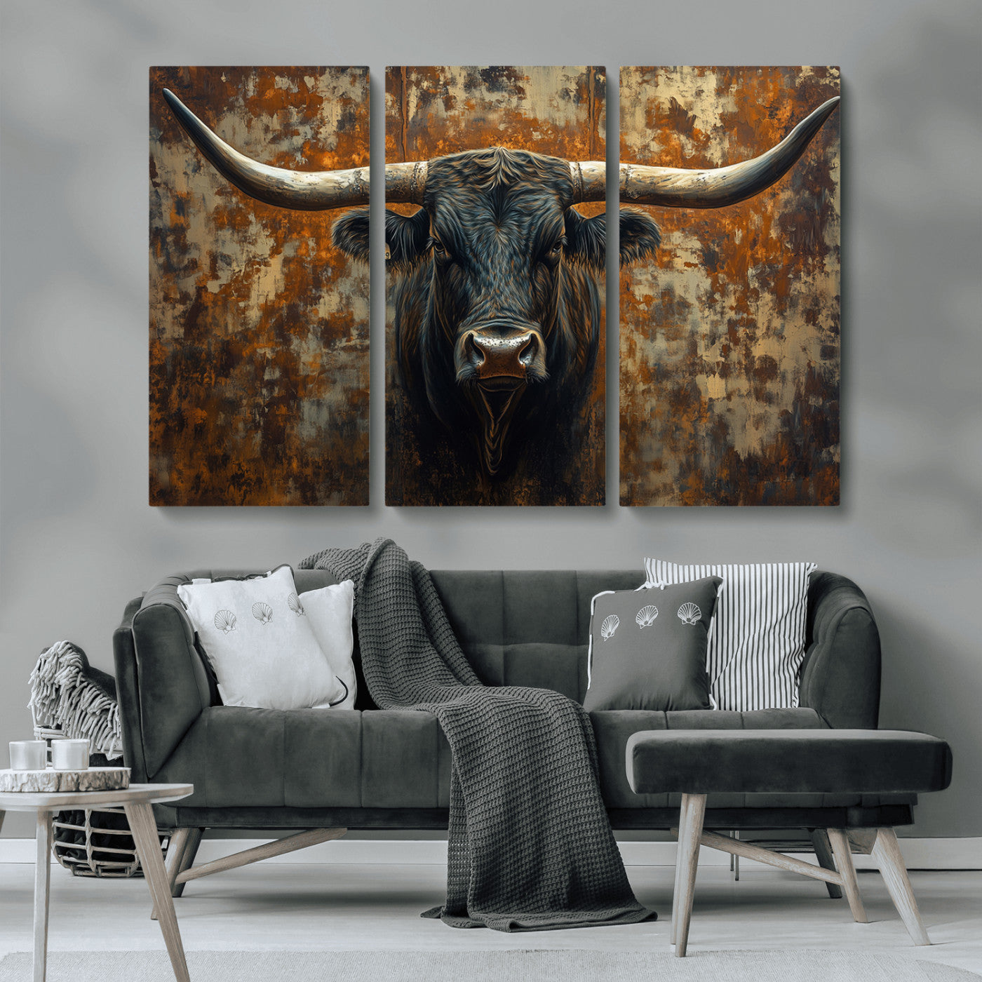 MGV-CV-48X32-3P - Longhorn Texas Cow Bull Wall Art | Rustic Farmhouse Canvas Print | Ready to Hang Barn Decor for