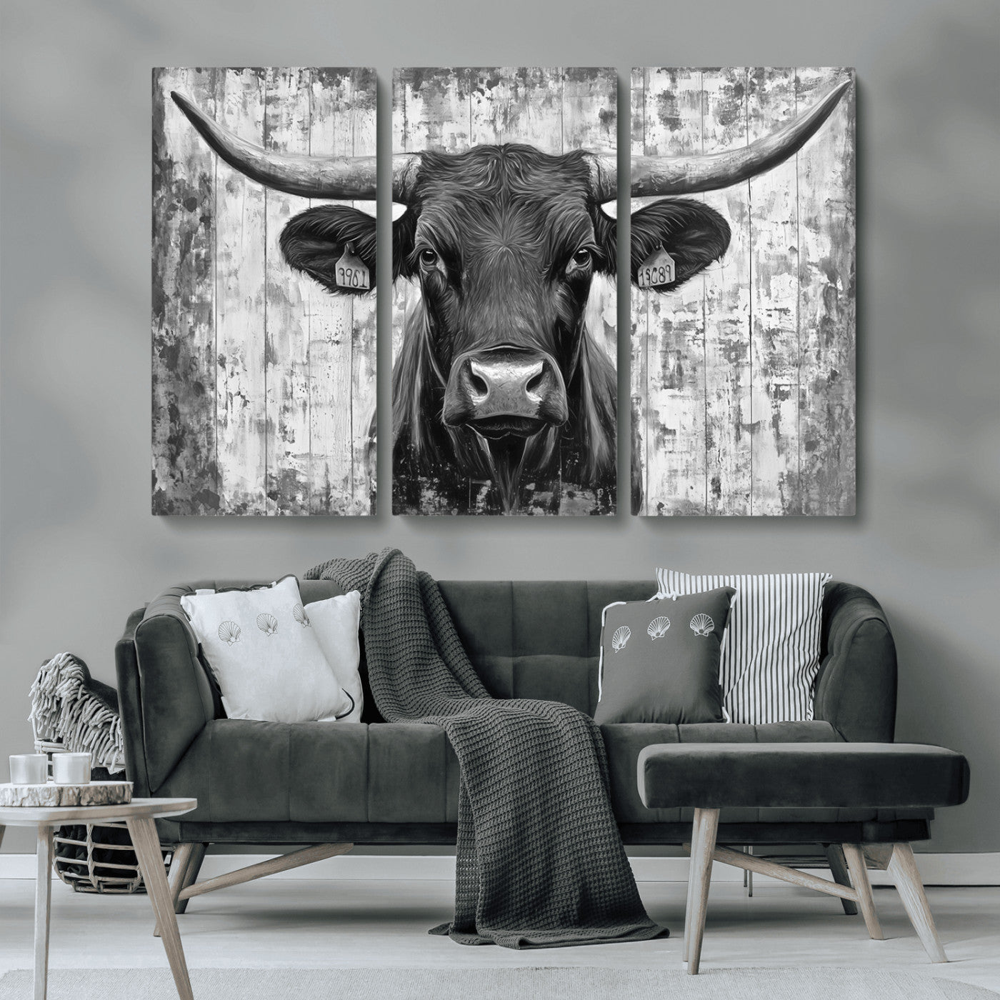 MGV-CV-48X32-3P - Abstract Longhorn Bull Wall Art Canvas Print - Rustic Texas Western Cow Artwork