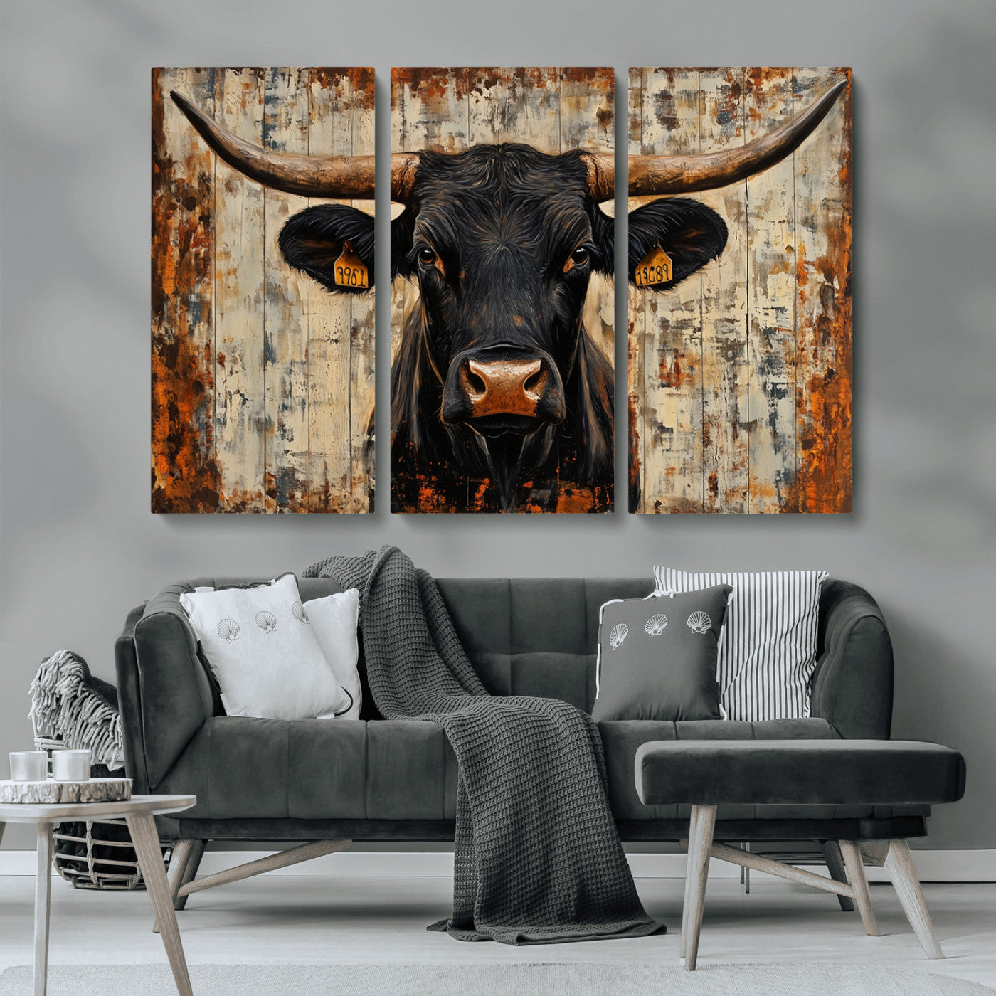 MGV-CV-48X32-3P - Rustic Texas Artwork Wall Art Canvas Print - Abstract Cow Longhorn Bull Wall Art Canvas Print