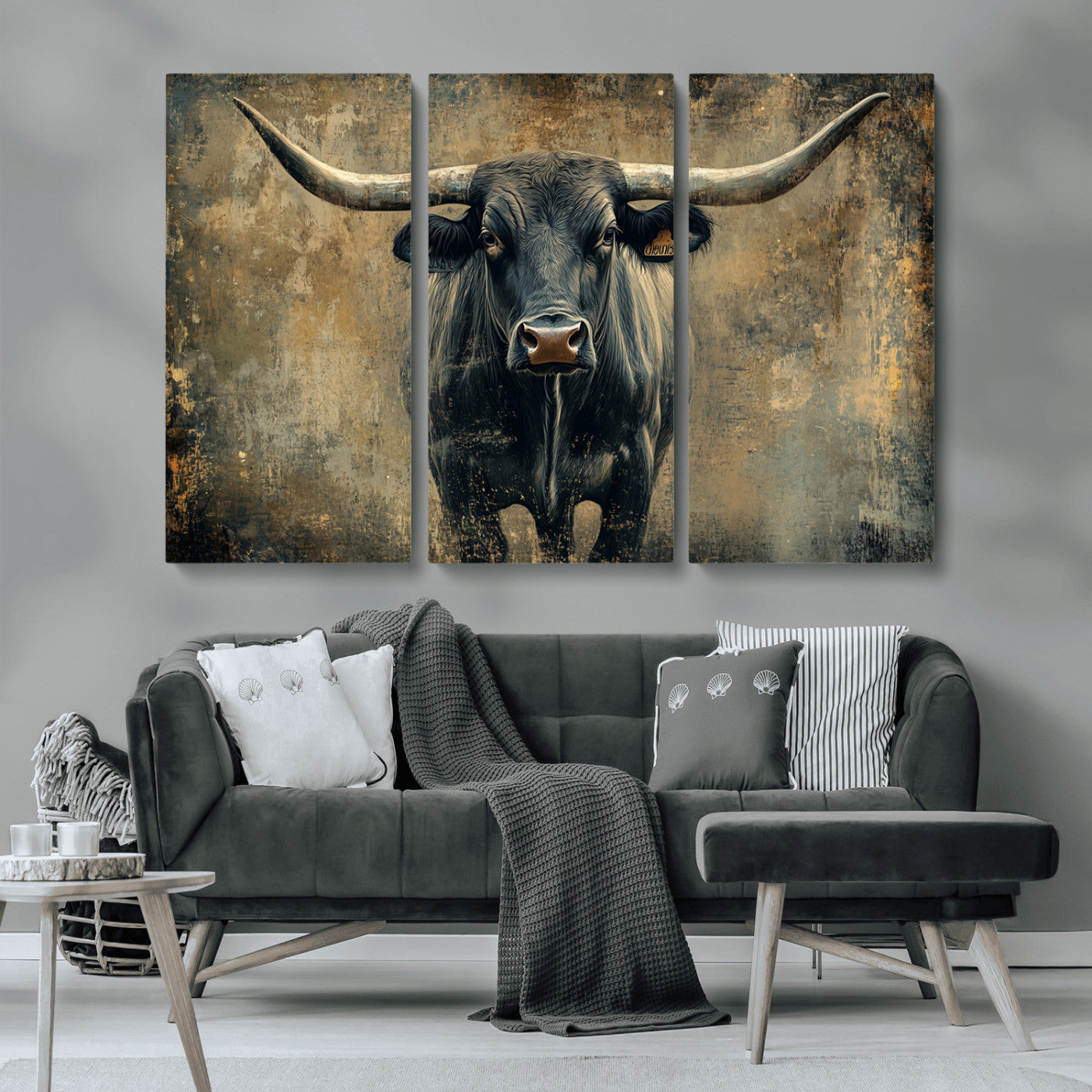 MGV-CV-48X32-3P - Longhorn Bull Wall Art Canvas Print, Framed Rustic Cow Art Picture Print, Texas Longhorn Perfect Western Decor Artwork