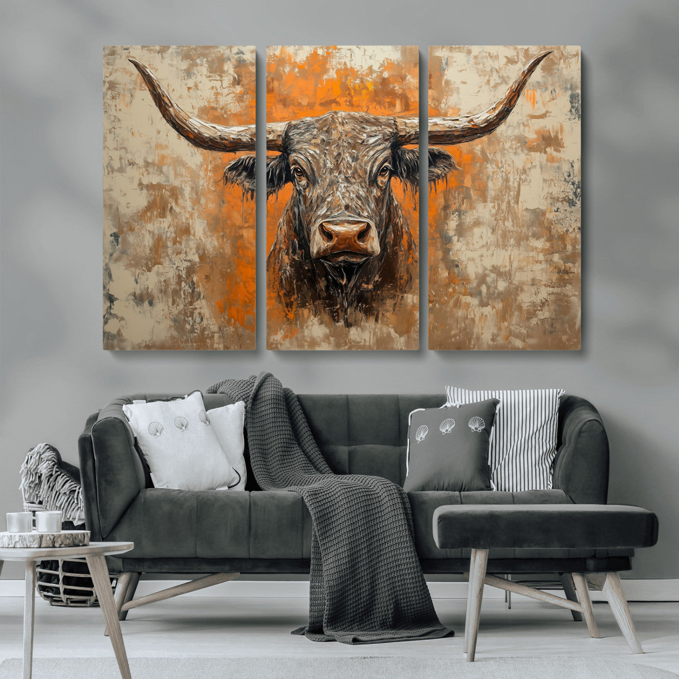 MGV-CV-48X32-3P - Abstract Cow Longhorn Bull Wall Art Canvas Print - Rustic Texas Western Cattle Artwork