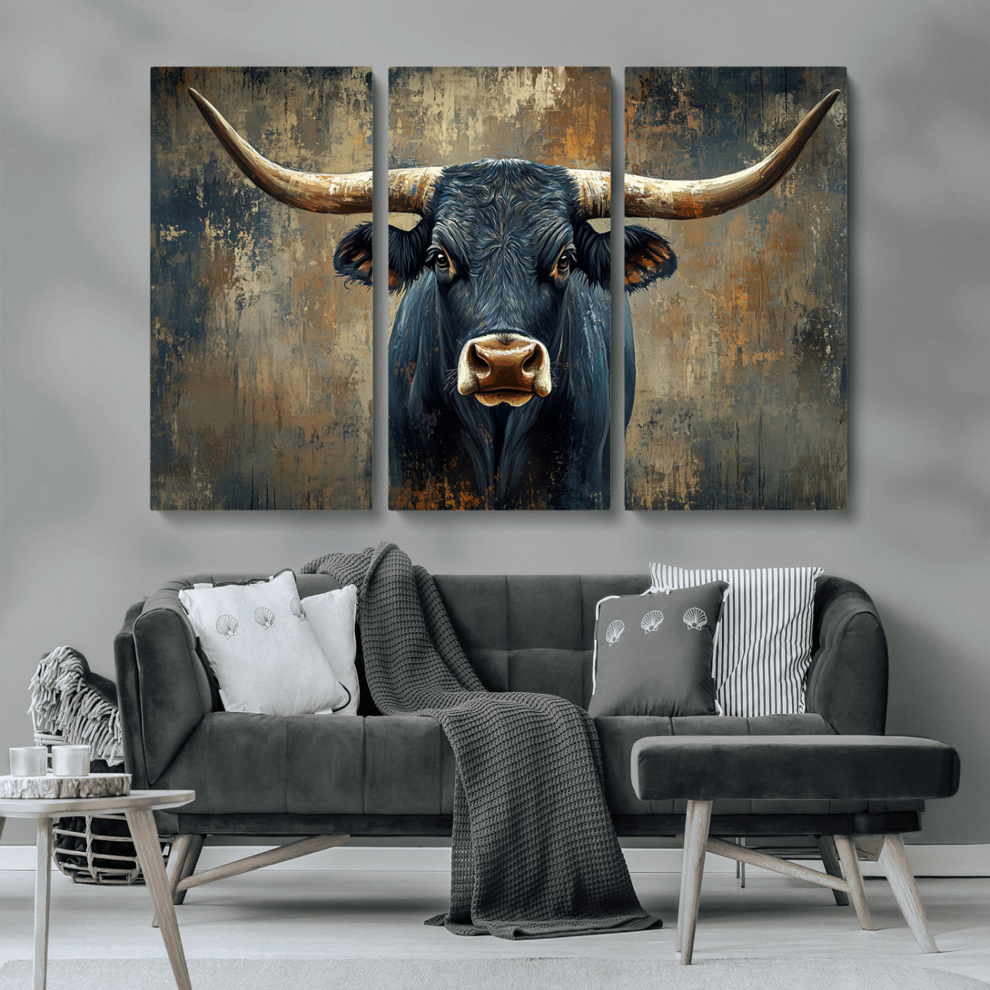 MGV-CV-48X32-3P - Texas Western Wall Art Canvas Print - Abstract Cow Longhorn Bull Wall Art Canvas Print - Rustic Cow