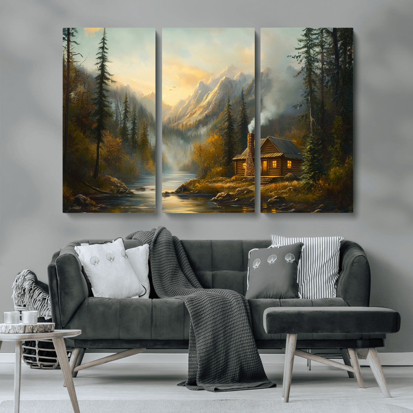 MGV-CV-48X32-3P - Wood Cabin Retreat Mountain at Sunset Wall Art Print - Serene Forest and River Landscape Wall Art