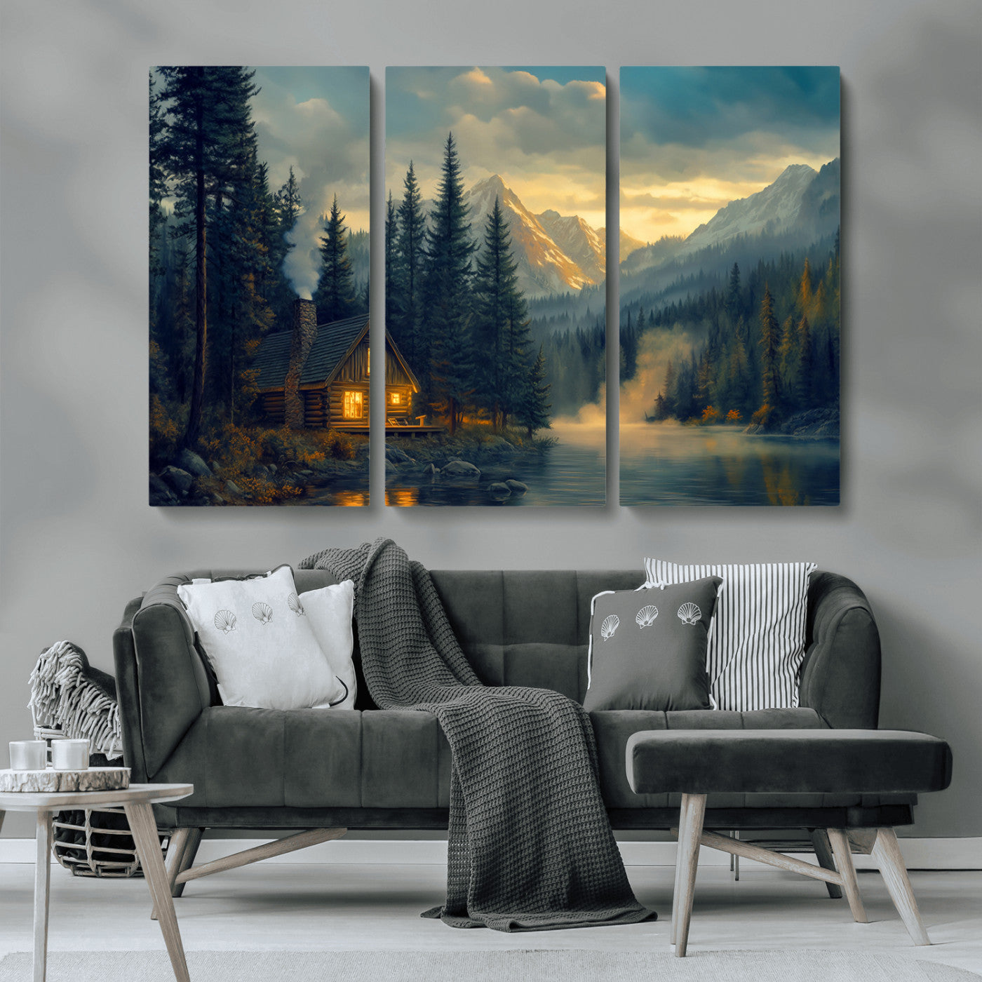 MGV-CV-48X32-3P - Mountain Cabin by the Lake at Sunset Wall Art - Serene Nature Canvas Print for Living Room Decor,