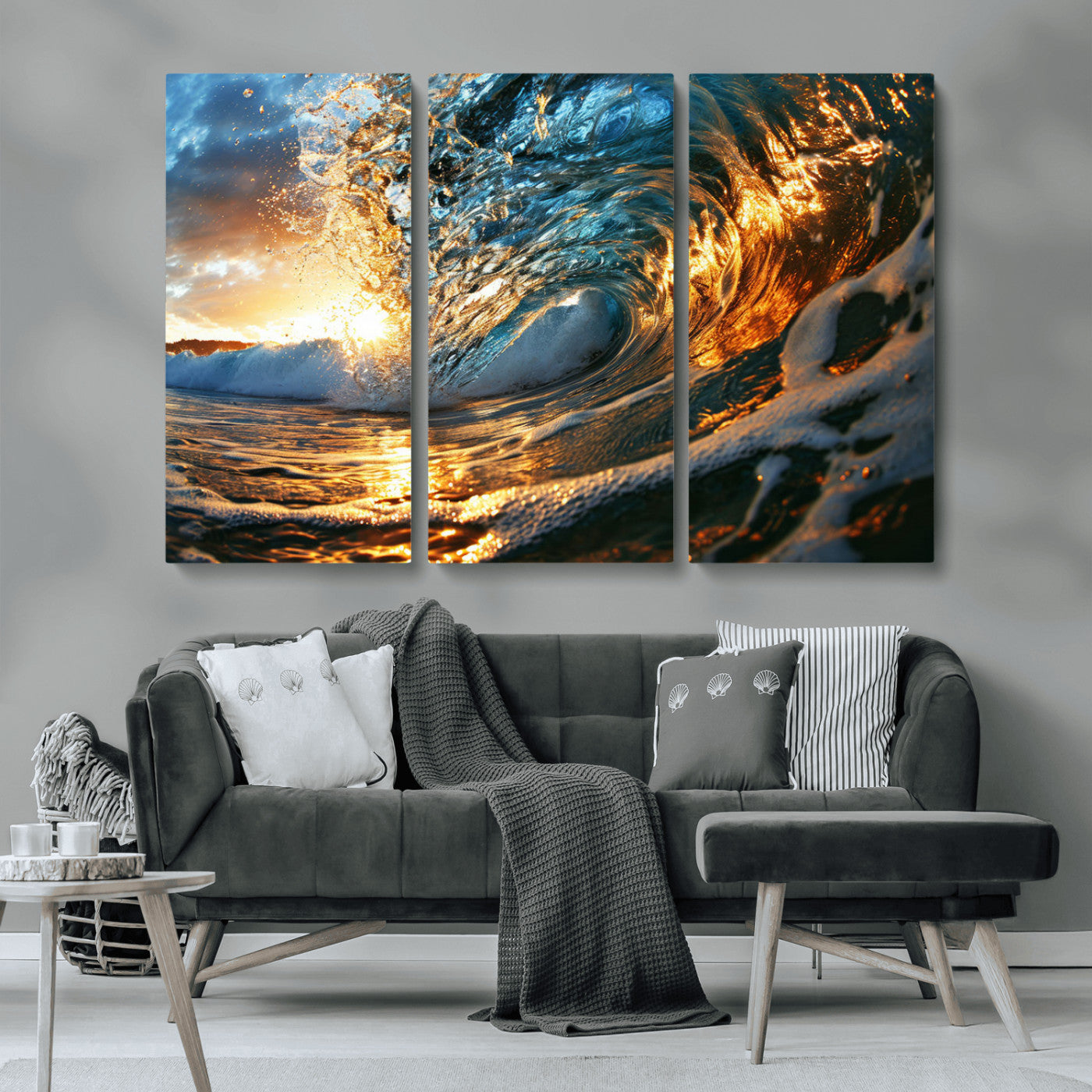 MGV-CV-48X32-3P - Ocean Wave at Sunset Canvas Wall Art – Vibrant Coastal Beach Waves Print, Large Nautical Decor,