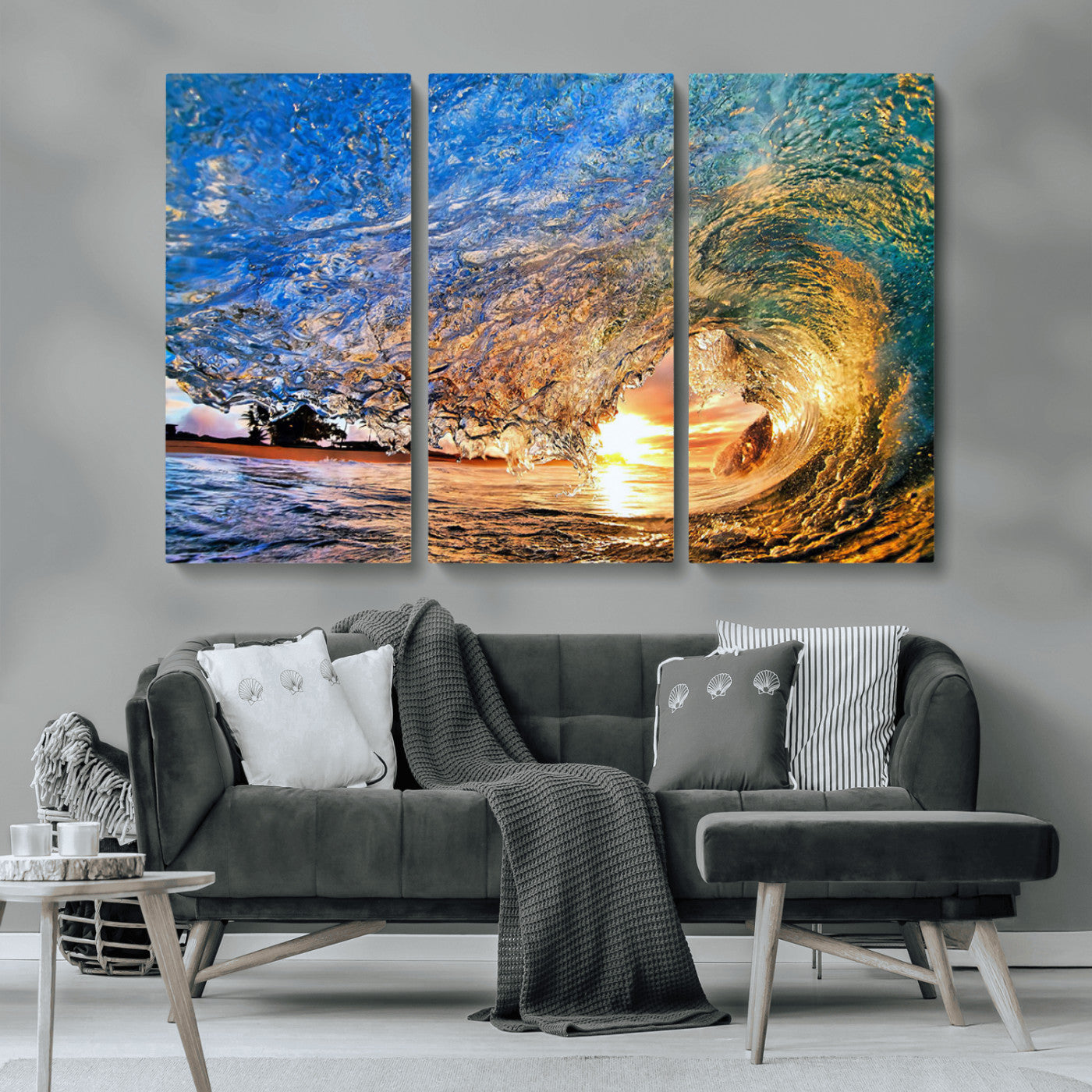 MGV-CV-48X32-3P - Ocean Wave at Sunset Canvas Wall Art – Vibrant Coastal Beach Waves Print, Large Nautical Decor,