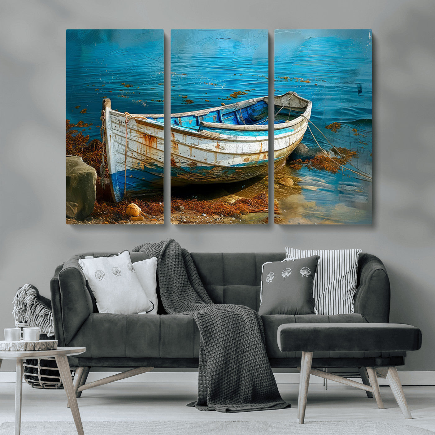 MGV-CV-48X32-3P - Vintage Boat on Tranquil Waters | Coastal Wall Art for Nautical Decor | Rustic Triptych Canvas Print