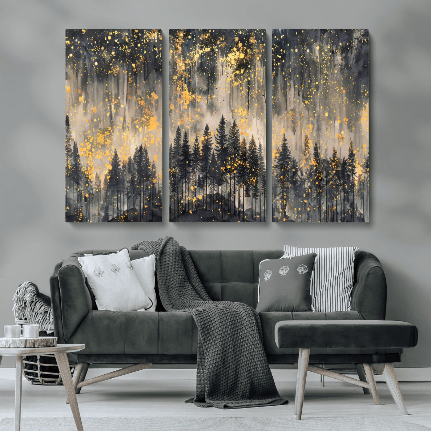 MGV-CV-48X32-3P - Golden Forest Abstract Wall Art | Dark Forest with Gold Splatter Accents | Triptych Ready to Hang