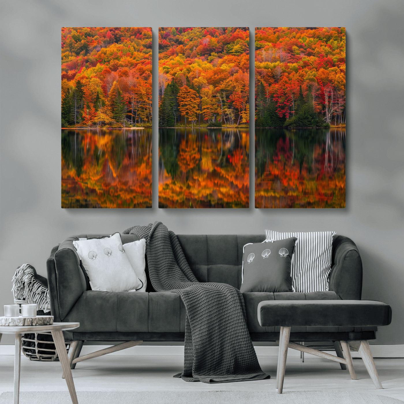MGV-CV-48X32-3P - Fall Foliage Wall Art - Autumn Reflection Canvas Print, Stunning Fall Foliage Wall Art, Serene Lake