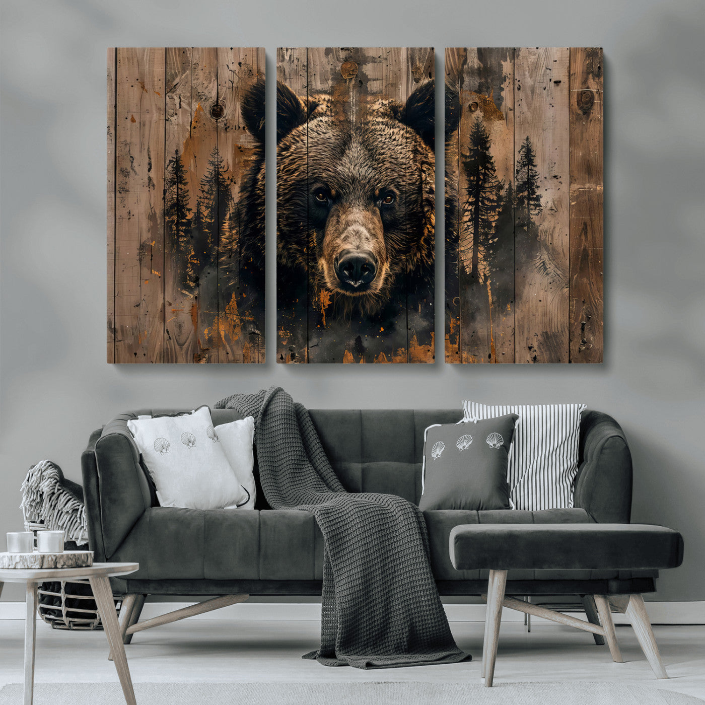 MGV-CV-48X32-3P - Rustic Grizzly 399 Wall Art | Triptych Canvas Print | Rustic Cabin Wall Decor | Perfect for