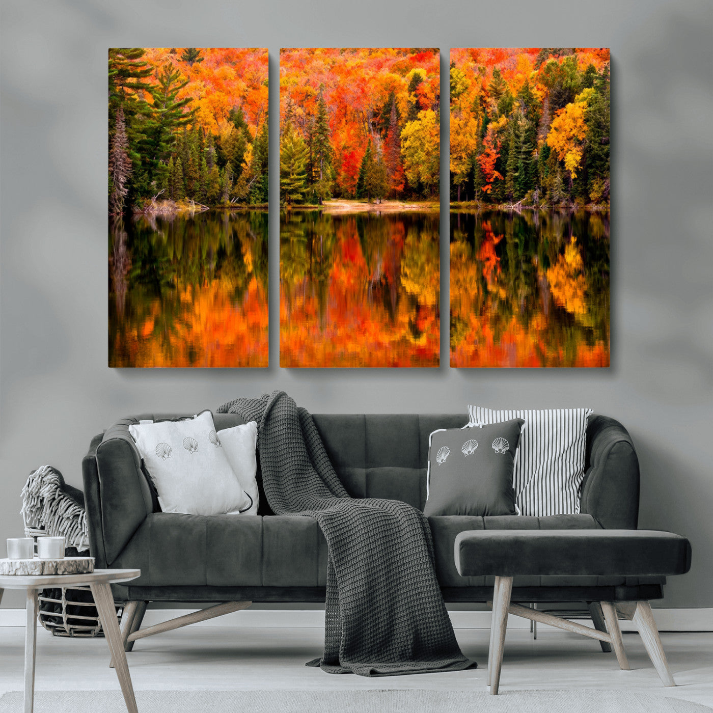 MGV-CV-48X32-3P - Forest Reflection Art | Autumn Forest Reflection Wall Art | Triptych Canvas Print | Vibrant Fall