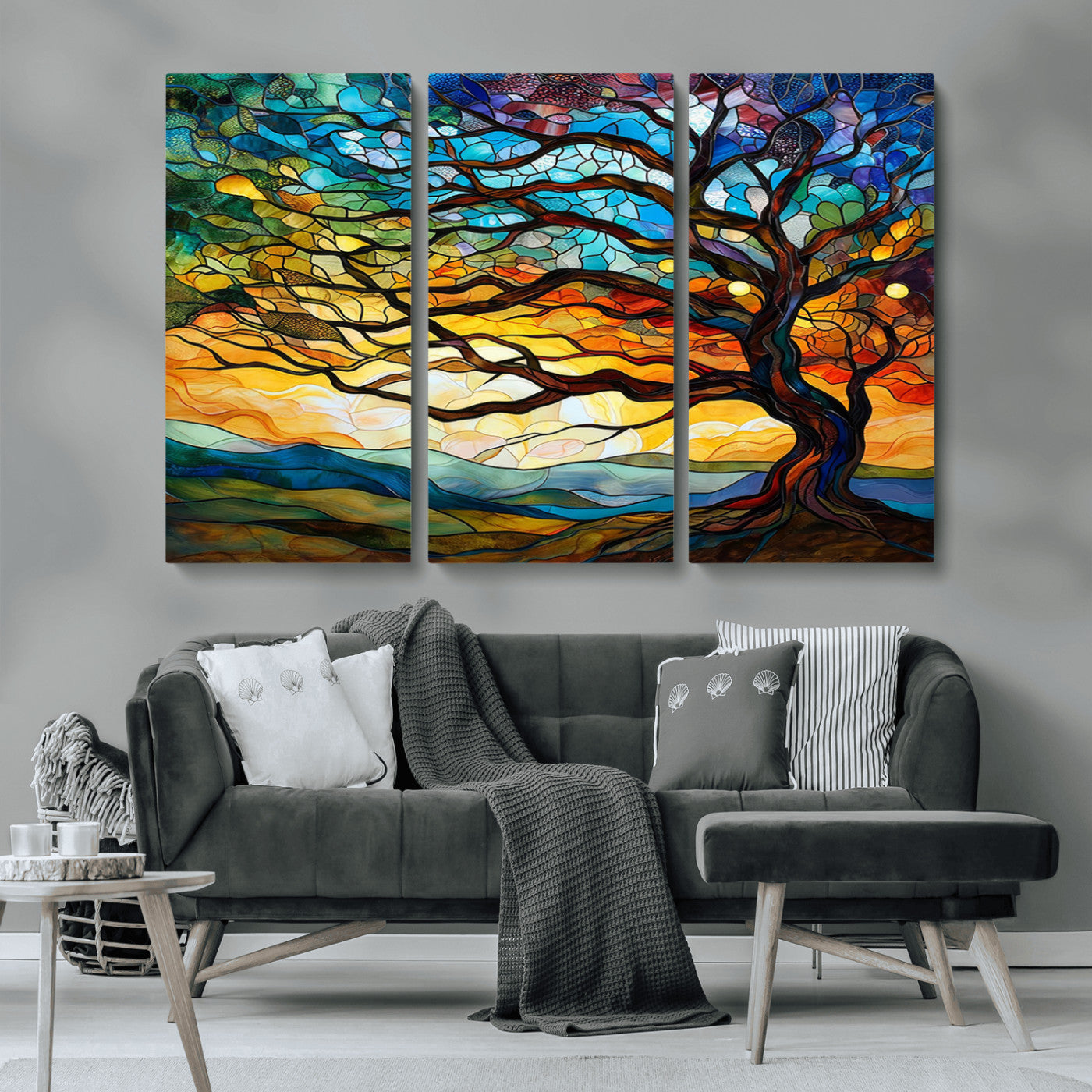 MGV-CV-48X32-3P - Vibrant Mosaic Tree of Life Wall Art | Stained Glass Style Canvas Print | Ready to Hang Artistic