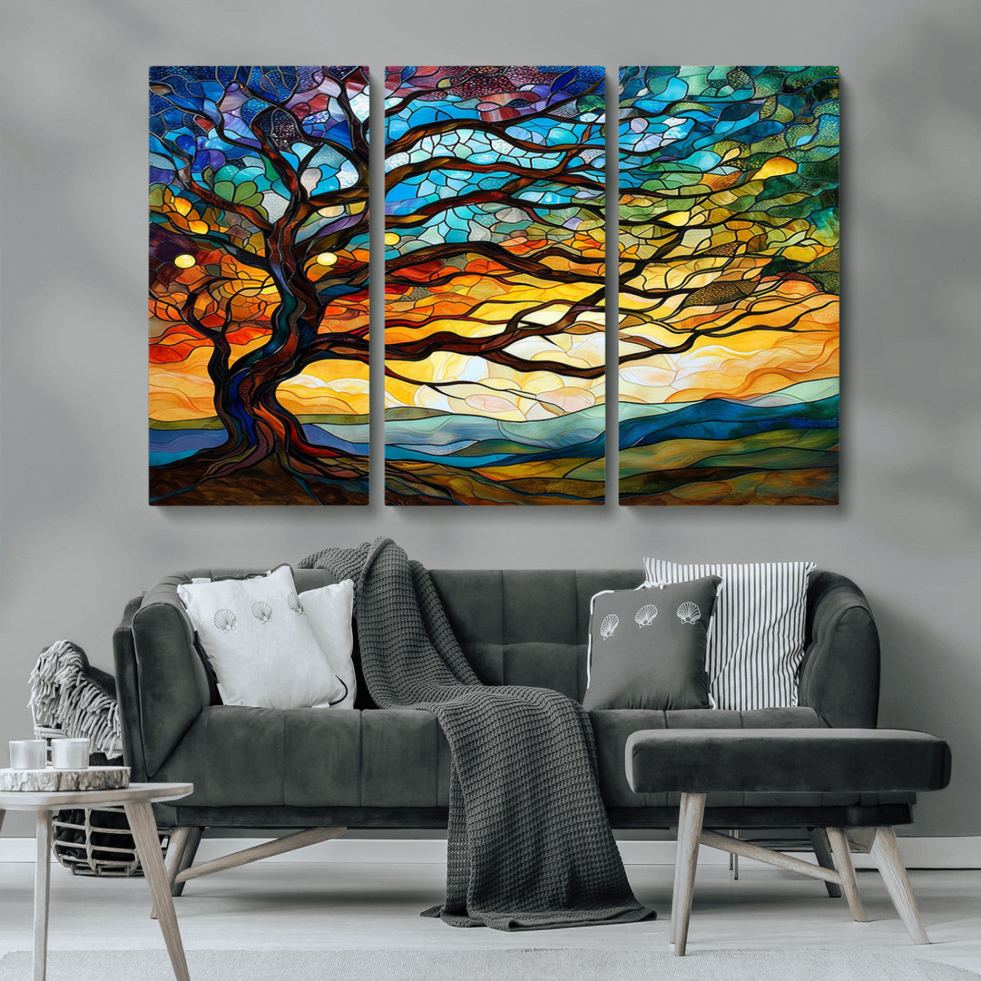 MGV-CV-48X32-3P - Mosaic Tree Wall Art | Ready to Hang Stained Glass Style Canvas Print | Farmhouse Wall Decor, Cabin