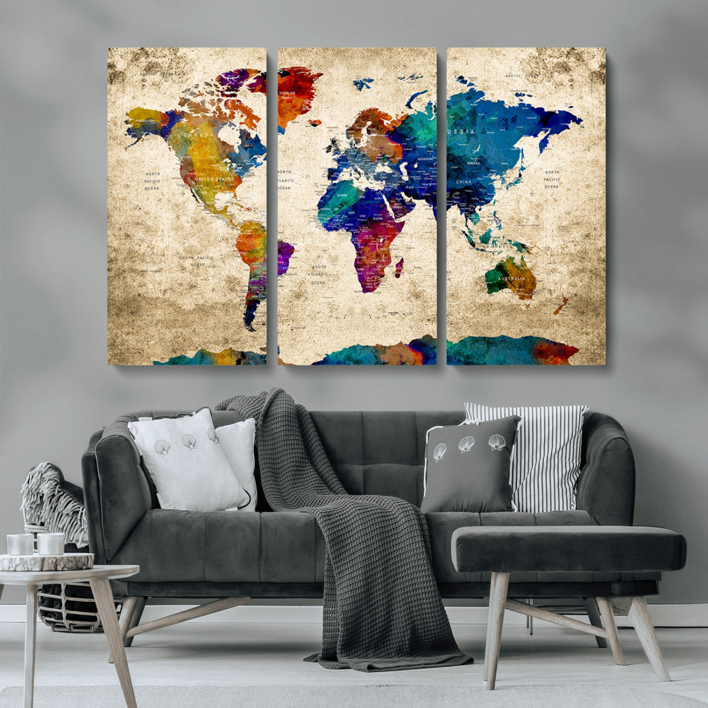 MGV-CV-48X32-3P - Push Pin World Map Canvas Print – Framed Wall Art for Couples to Track Their Travels – Anniversary