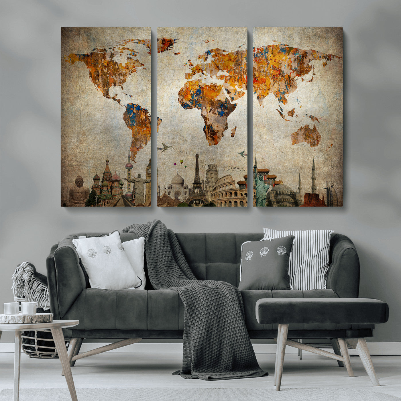 MGV-CV-48X32-3P - Push Pin World Map Canvas Print – Framed Wall Art for Couples to Track Their Travels – Anniversary
