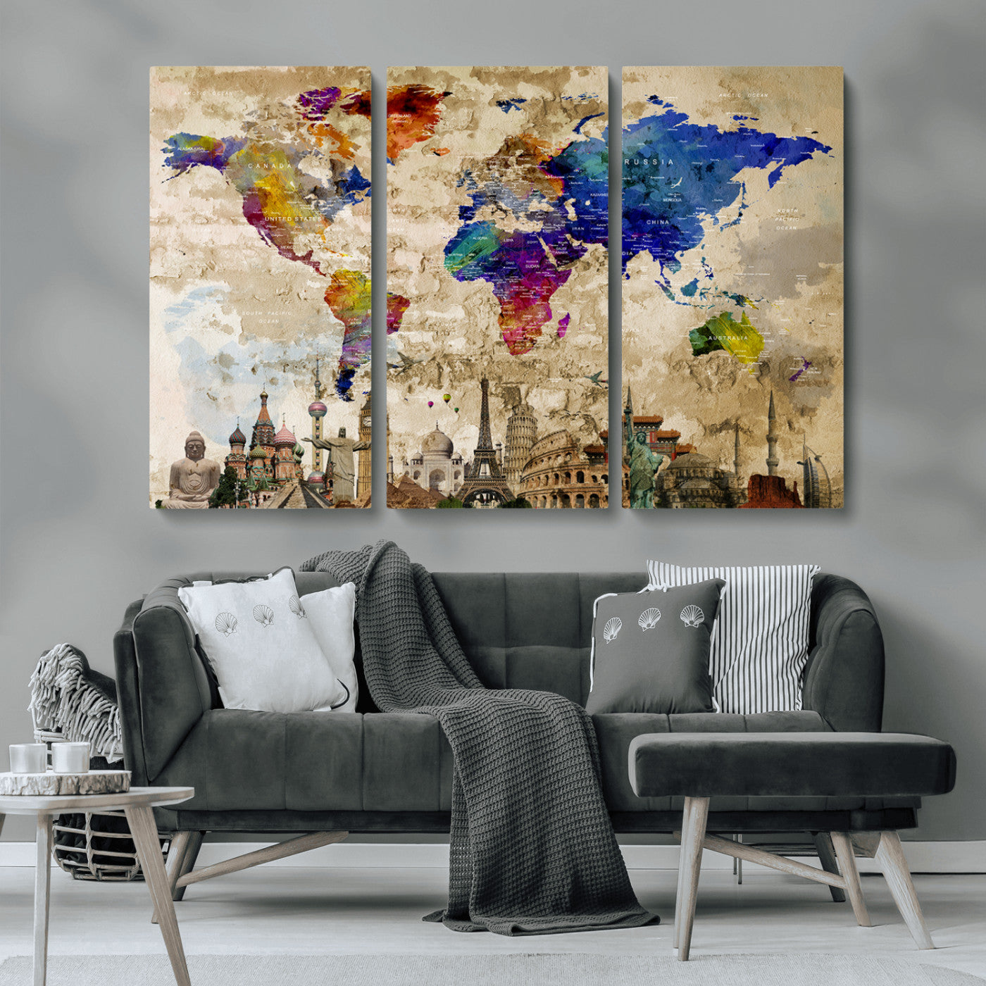 MGV-CV-48X32-3P - Push Pin World Map Canvas Print – Framed Wall Art for Couples to Track Their Travels – Anniversary