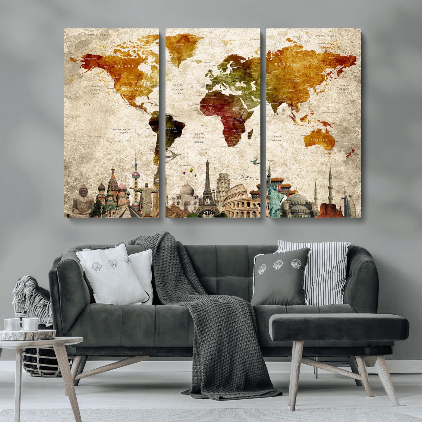 MGV-CV-48X32-3P - Push Pin World Map Canvas Print – Framed Wall Art for Couples to Track Their Travels – Anniversary