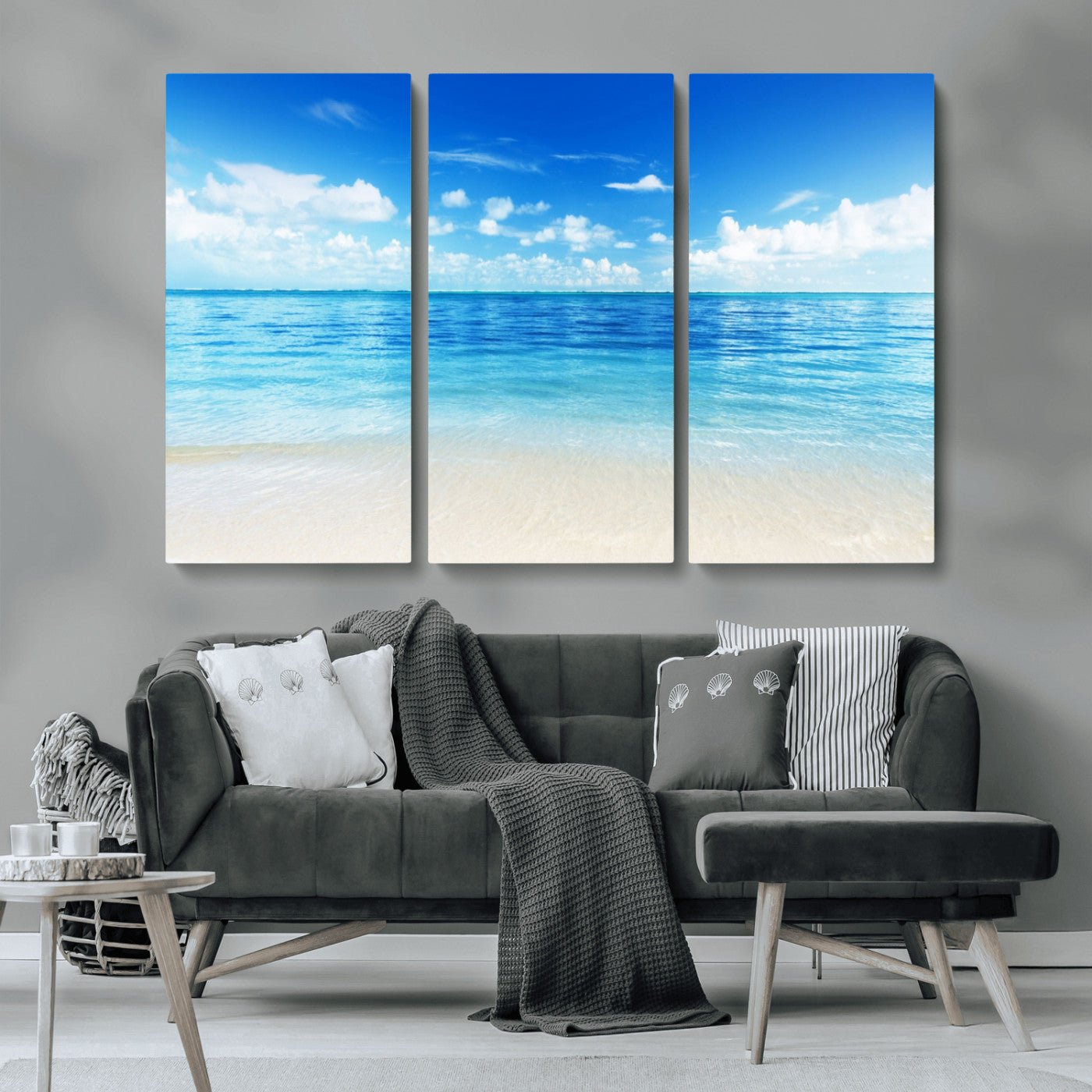 MGV-CV-48X32-3P - Beach Scene Canvas Wall Art Print – Tranquil Ocean Horizon and White Sand Beach Wall Decor for Home