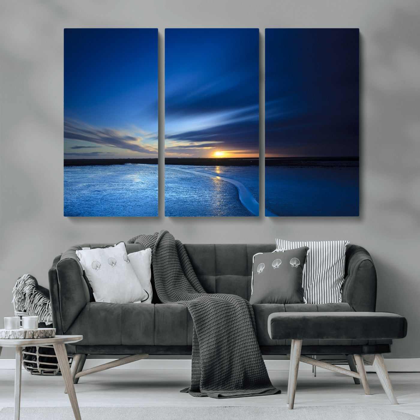 MGV-CV-48X32-3P - Blue Sunset Ocean Canvas Wall Art Print – Serene Coastal Horizon Wall Decor for Home or Office –
