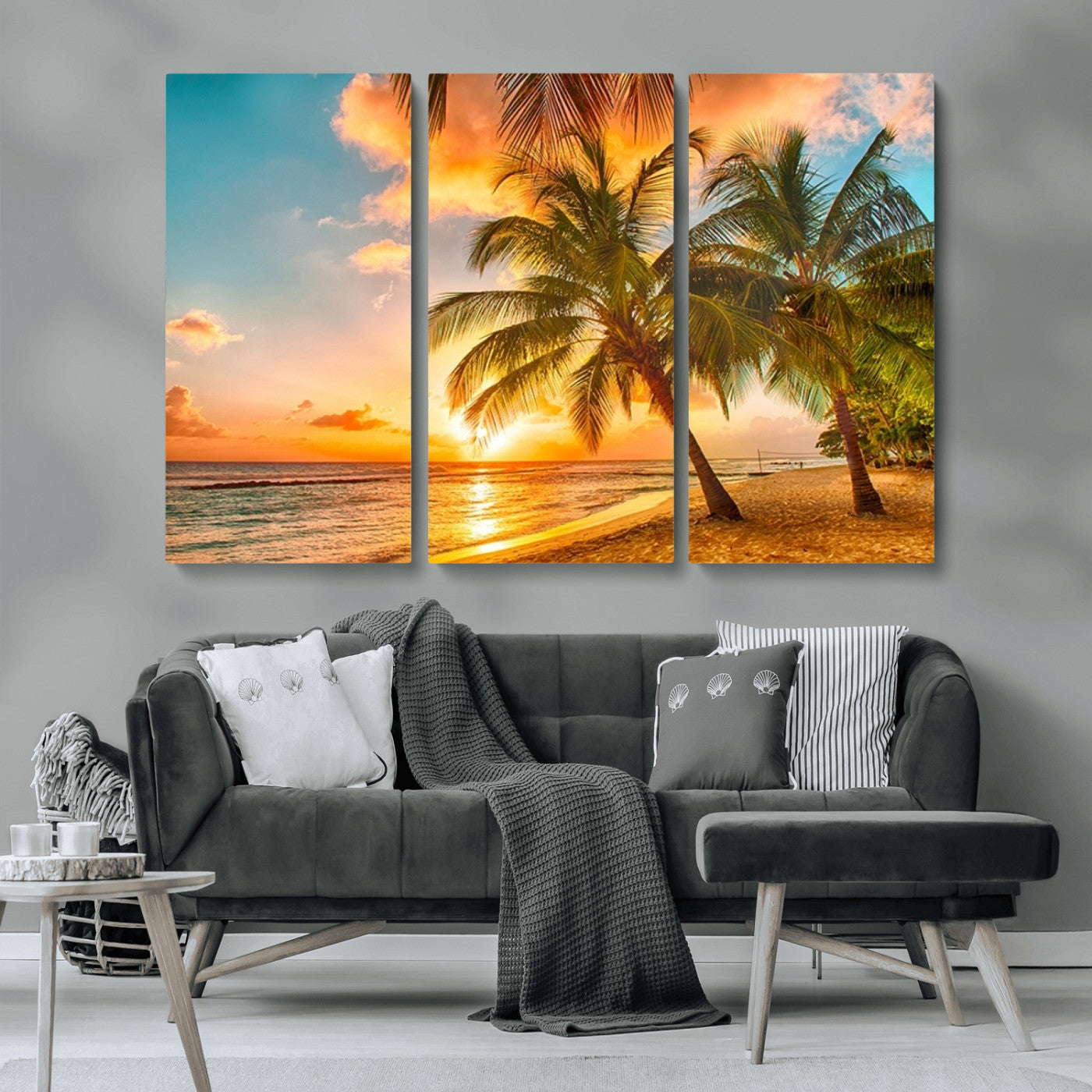 MGV-CV-48X32-3P - Tropical Sunset Beach Canvas Wall Art Print – Vibrant Palm Trees and Coastal Sunset Wall Decor for