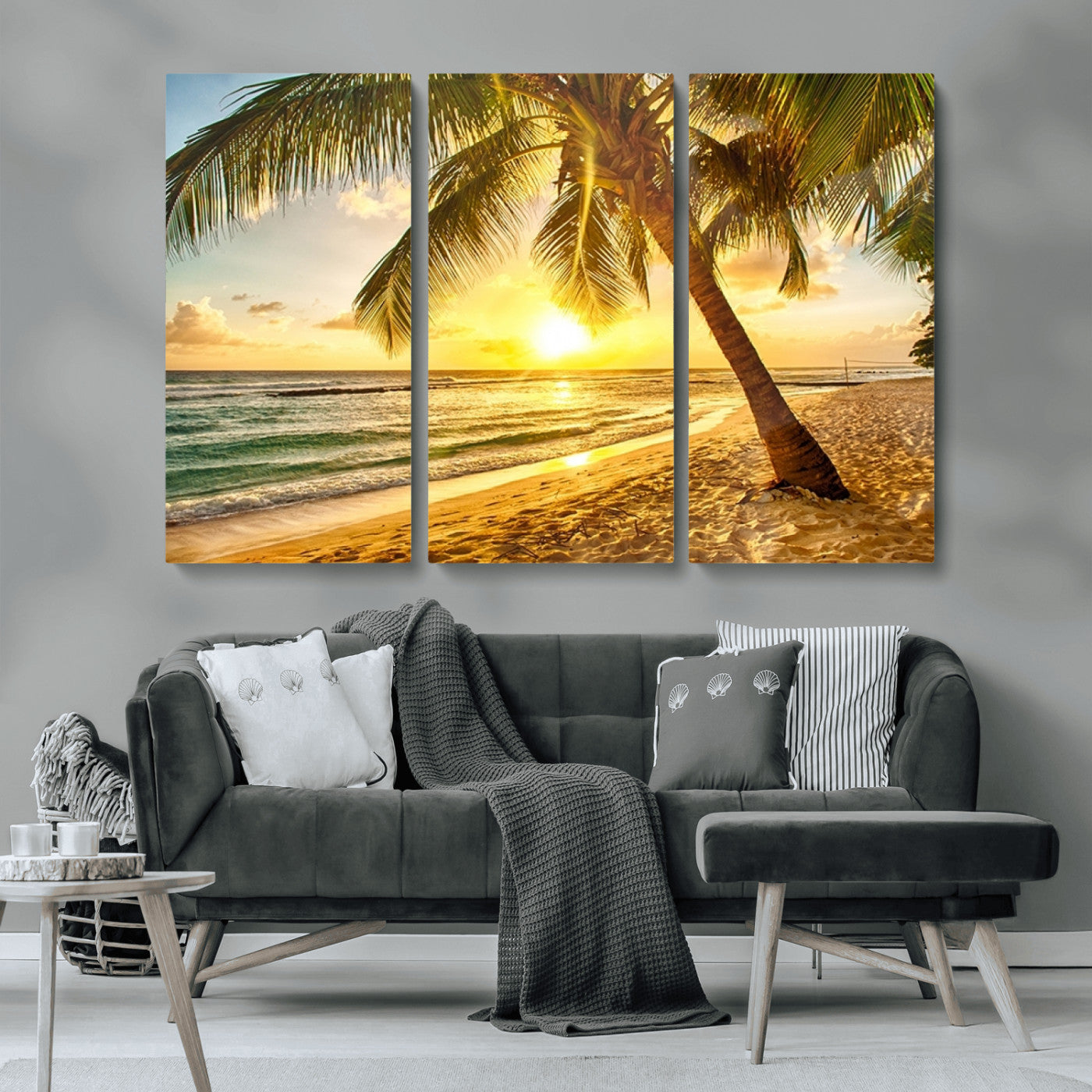 MGV-CV-48X32-3P - Beach Sunset Canvas Wall Art Print - Tropical Beach Canvas Wall Art Print – Vibrant Palm Trees and