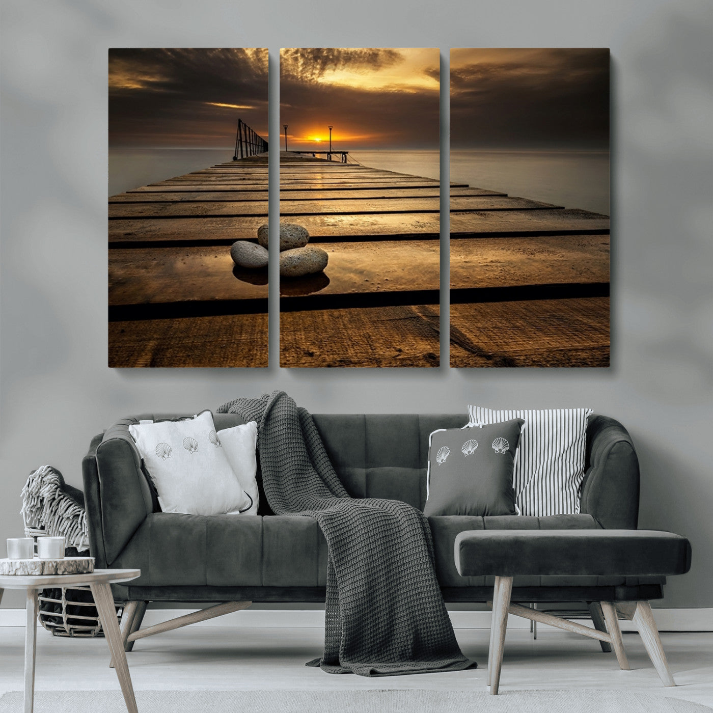 MGV-CV-48X32-3P - Stones on Wooden Pier at Sunset Canvas Print, Serene Coastal Wall Art, Beach Sunset Photography,