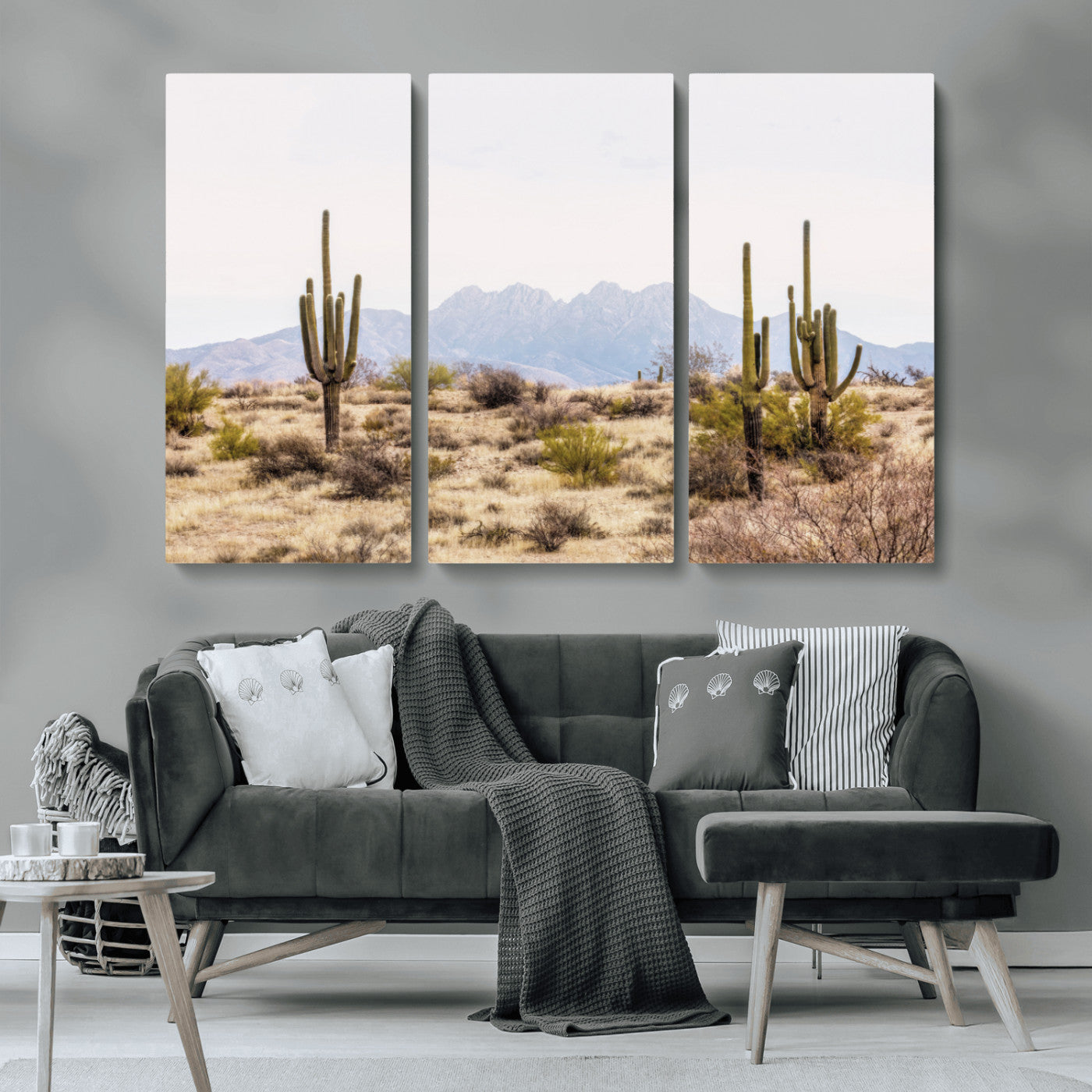 -Desert Cactus Canvas Wall Art – Serene Southwestern Arizona Landscape with Majestic Mountains -