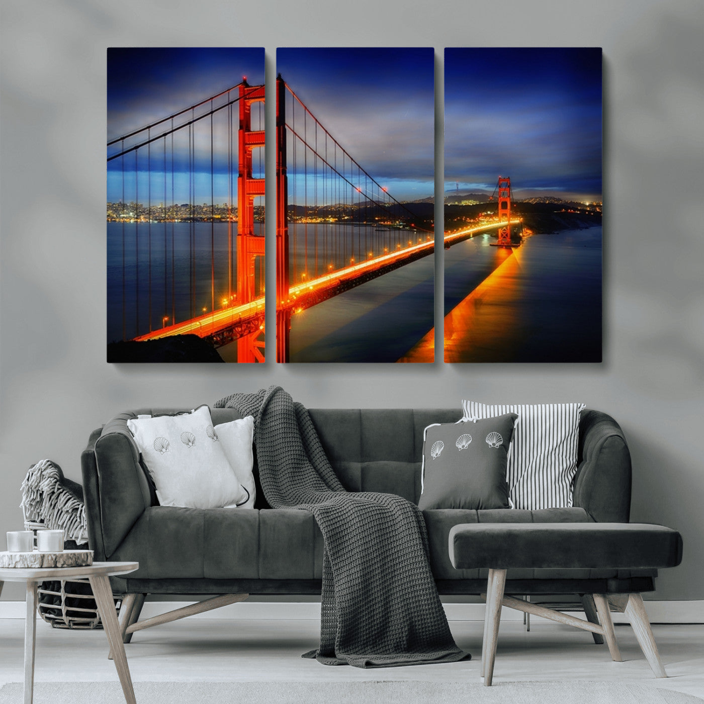 MGV-CV-48X32-3P - Large Wall Art San Francisco Canvas Print - Wonderful Golden Gate Bridge at Twilight