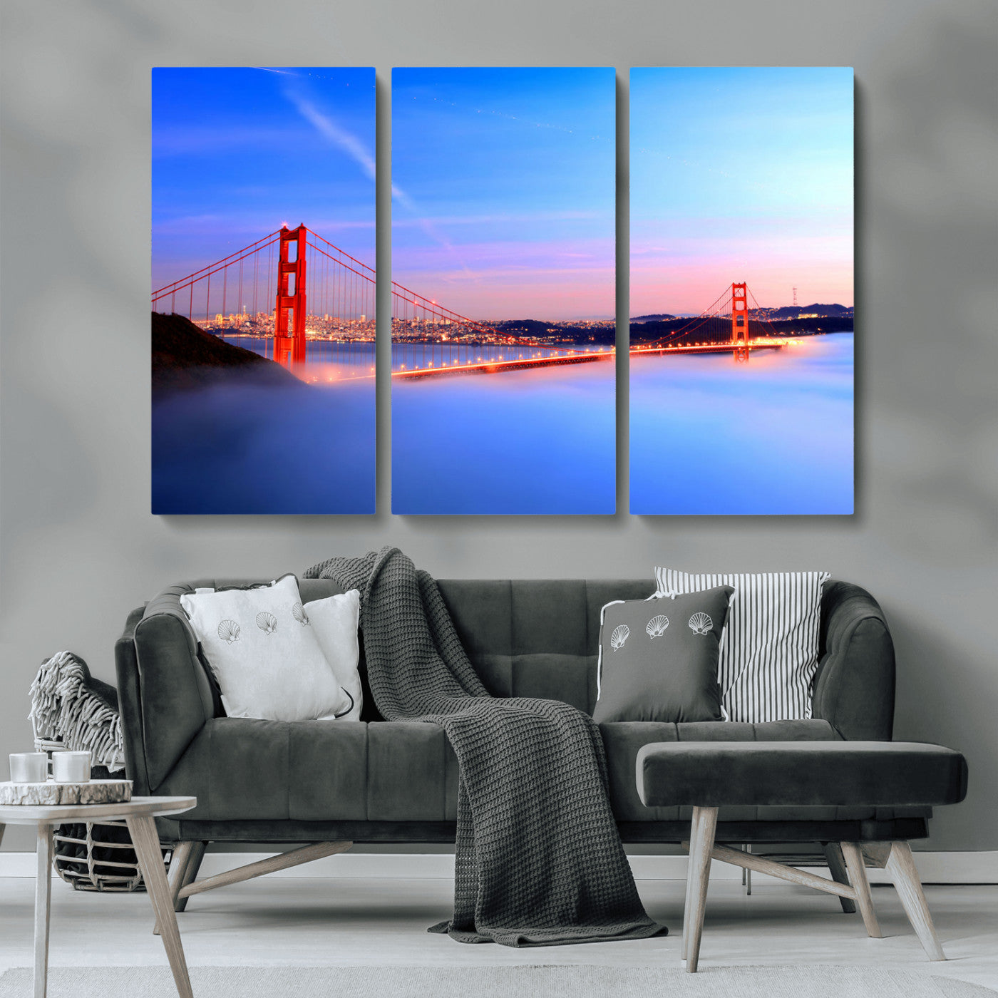 MGV-CV-48X32-3P - Golden Gate Bridge Wall Art Print, San Francisco Sunset Canvas Wall Art, Cityscape Canvas Print for