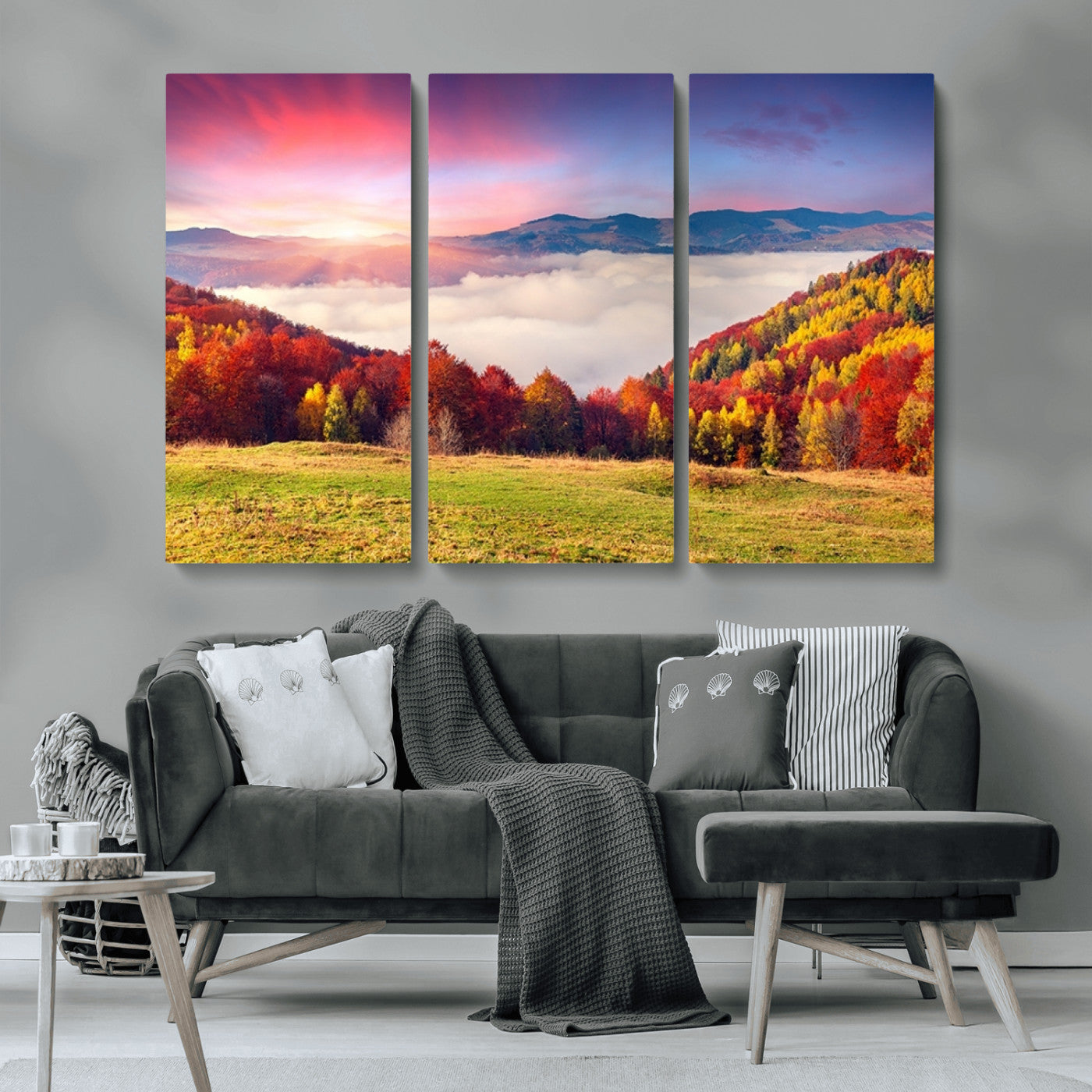 MGV-CV-48X32-3P - Autumn Mountain Foggy Landscape Wall Art Canvas Print | Beautiful Forest Canvas Print | Misty