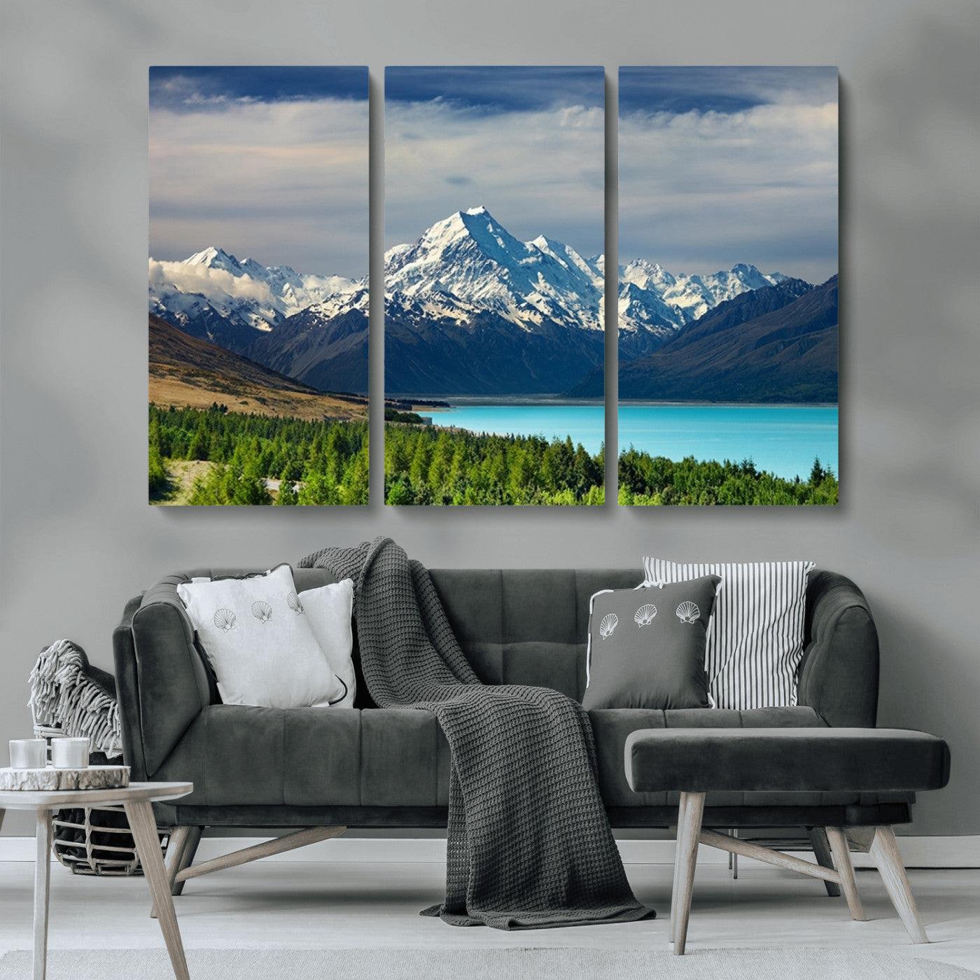 MGV-CV-48X32-3P - Mount Cook and Lake Pukaki Canvas Wall Art Print – Majestic Snow-Capped Peaks and Serene Lake Wall