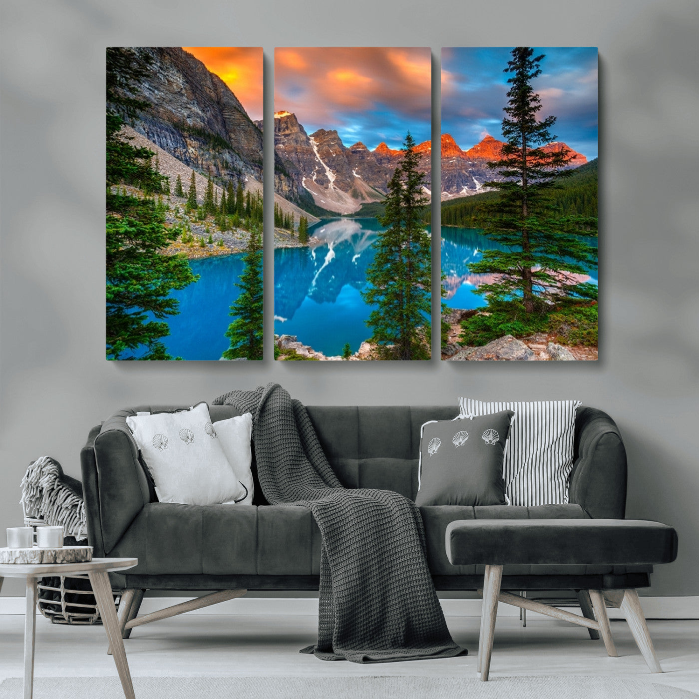 MGV-CV-48X32-3P - Canadian Rockies Moraine Lake Wall Art Canvas Print, Pine Trees Mountain Spring Canvas Print