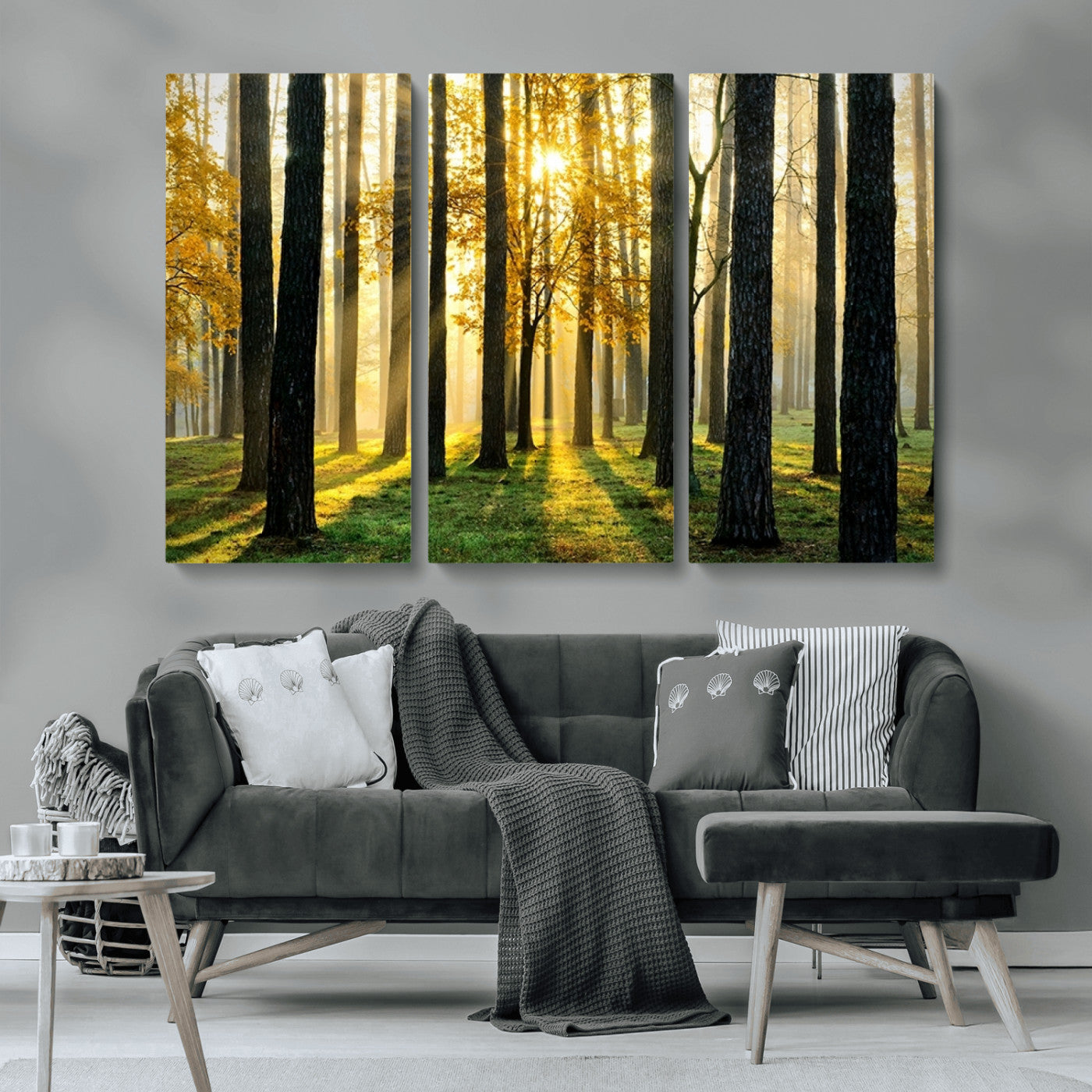 MGV-CV-48X32-3P - Sunlit Forest Canvas Wall Art – Serene Woodland Triptych Landscape Print – Nature-Inspired Decor for