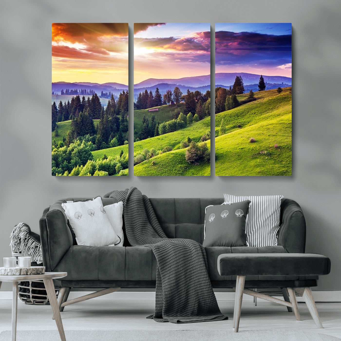MGV-CV-48X32-3P - Green Hills and Sunset Wall Art Print - Scenic Landscape with Lush Greenery and Vibrant Sky, Ready
