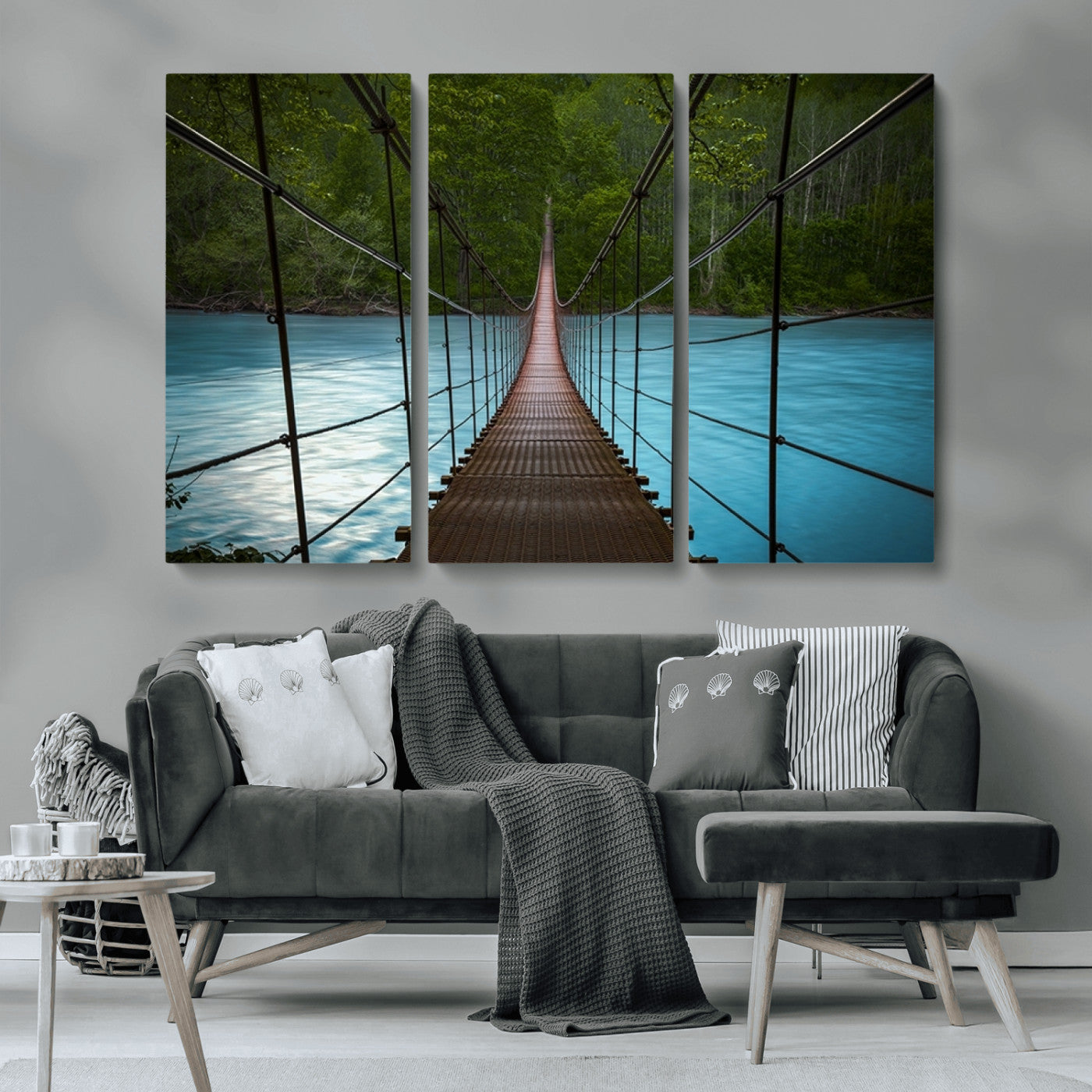 MGV-CV-48X32-3P - Suspension Bridge Over River Canvas Art | 3-Panel Nature Photography | Scenic Wall Art for Living