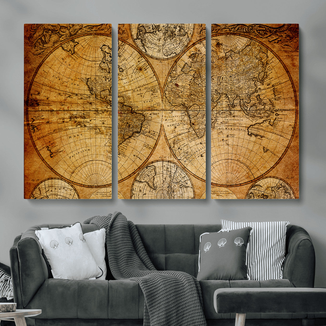 25517-MGV-CV-48X32-3P - Vintage World Map Canvas Print – Antique Push Pin Travel Map, Framed Wall Art for Home or Office Decor