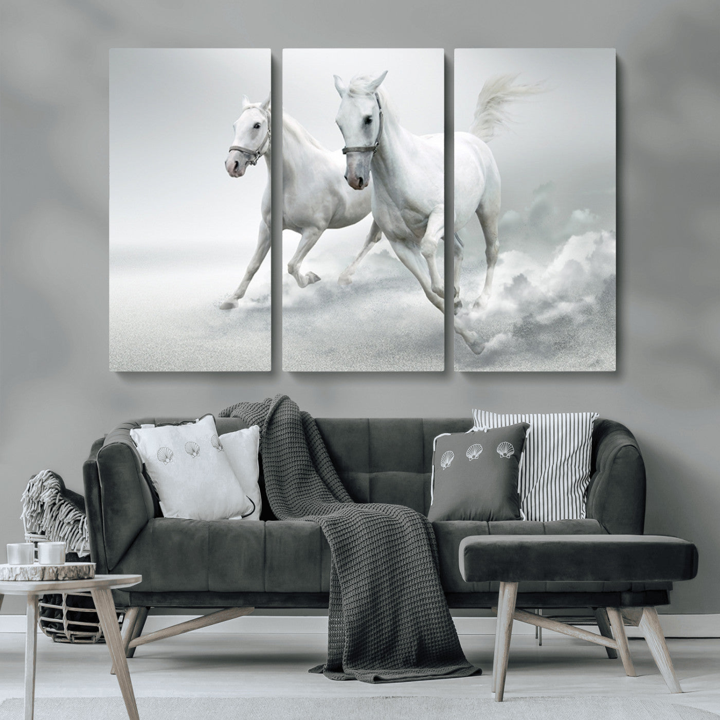 MGV-CV-48X32-3P - Large Wall Art Animal Canvas Print - Beautiful Running White Horses