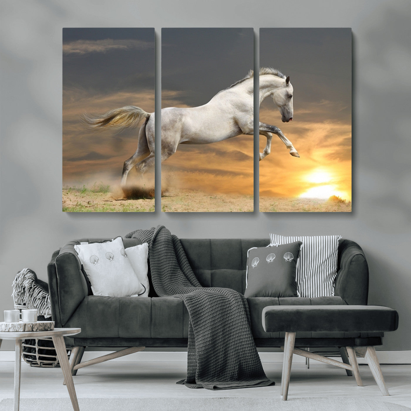 MGV-CV-48X32-3P - Large Wall Art Animal Canvas Print - White Jumping Horse at Sunset