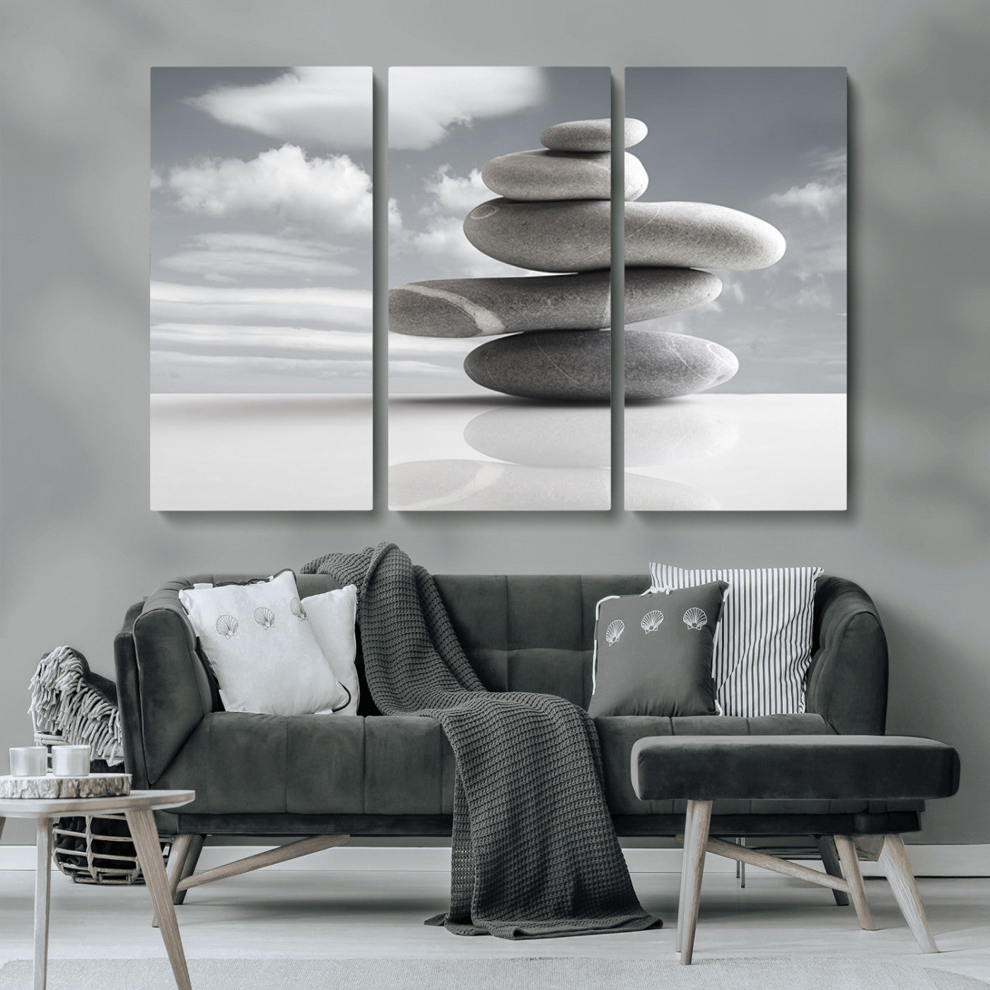 MGV-CV-48X32-3P - Still Life Black and White Zen Stones Wall Art Canvas, Framed Black and White Zen Stones Canvas