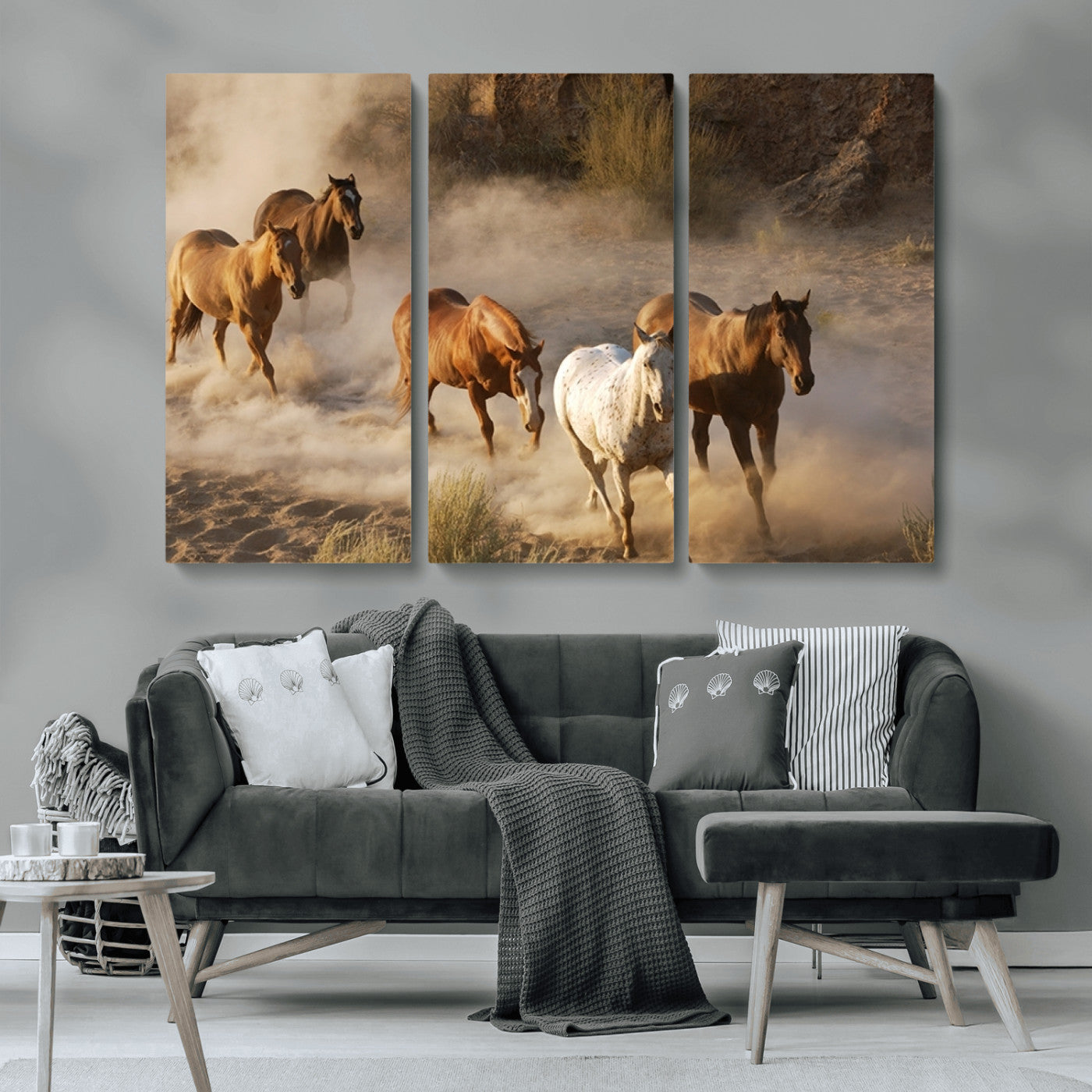 MGV-CV-48X32-3P - Large Wall Art 5 Horses Running on Sand Canvas Print