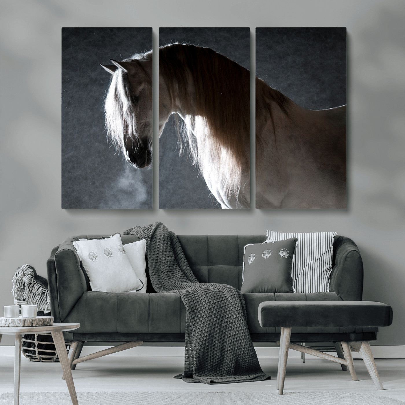 MGV-CV-48X32-3P - Large Wall Art Cream Colored Horse on Grey Background Canvas Print