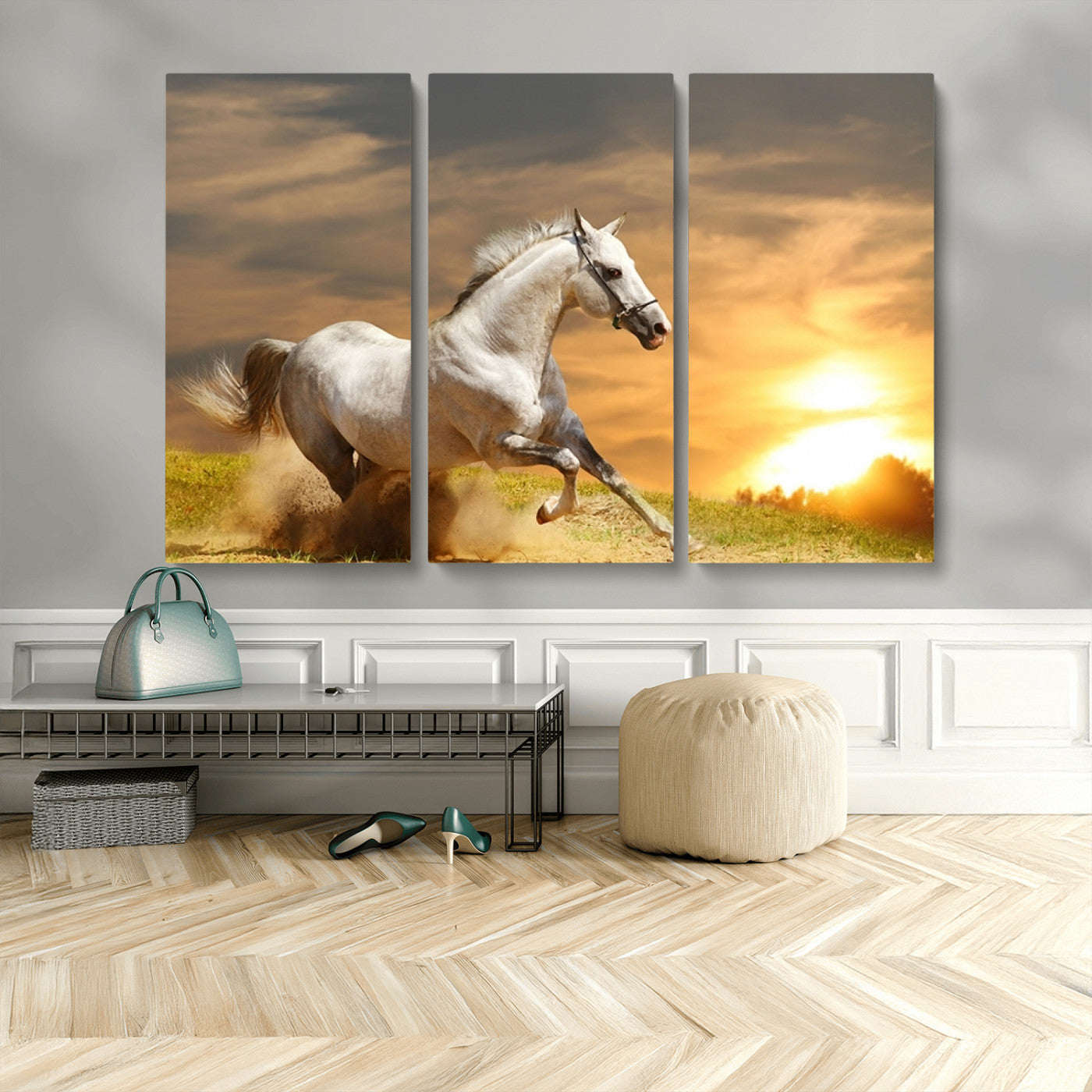 MGV-CV-48X32-3P - Large Wall Art Galloping White Horse at Sunset Canvas Print